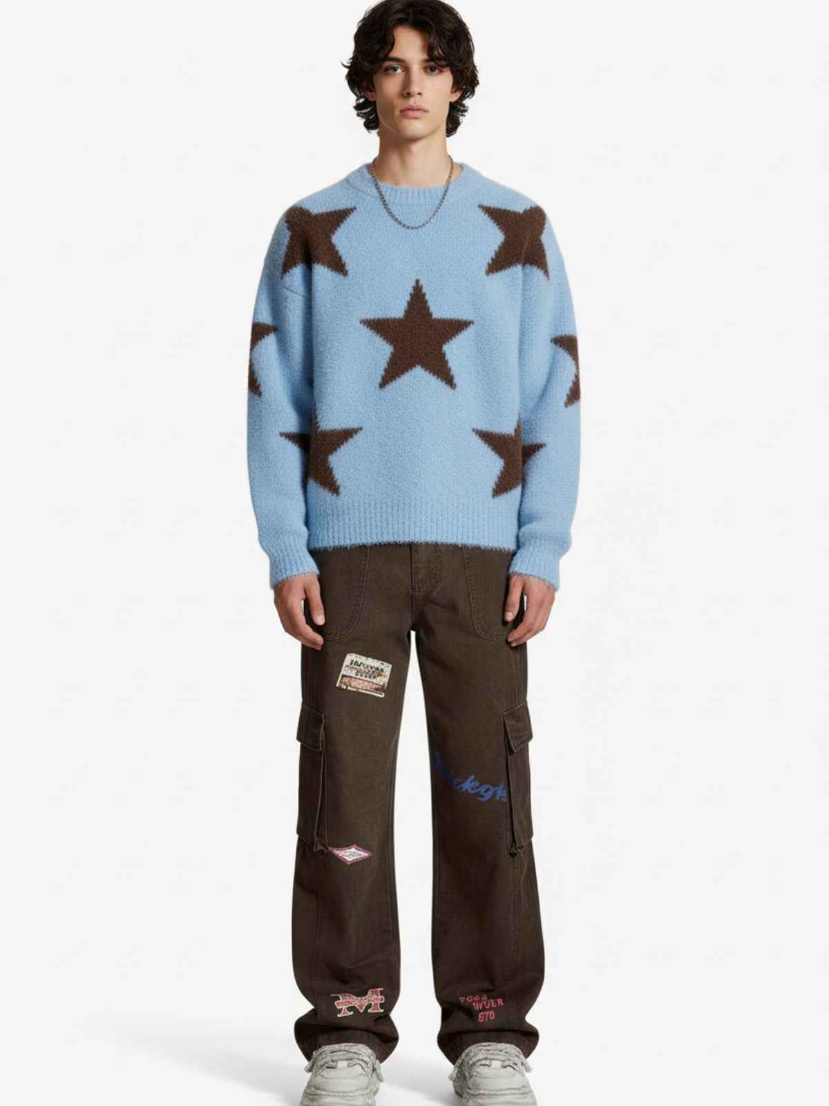 Retro Patchwork Graphic Multi-Pocket Flared Cargo Pants