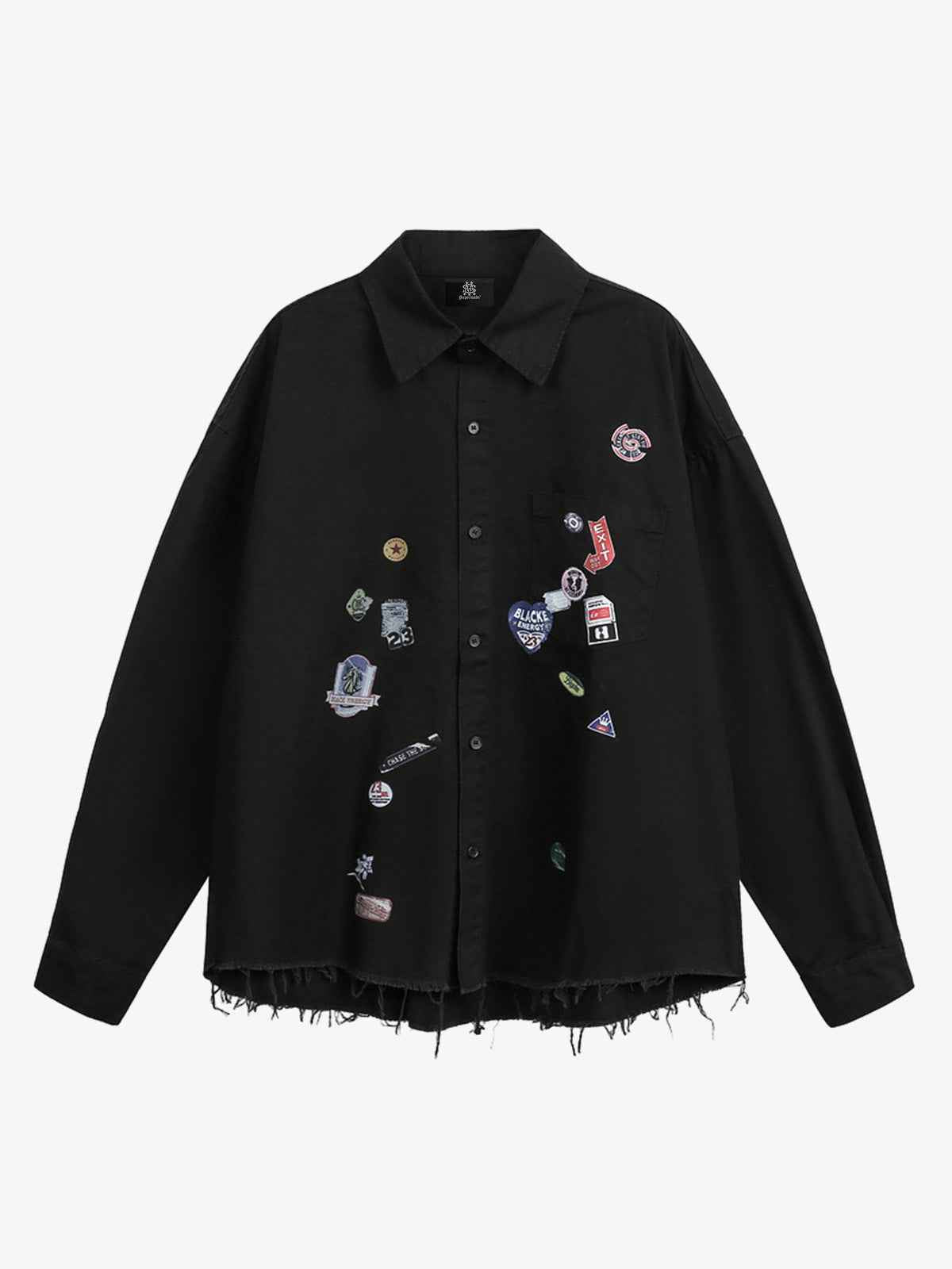 Fun Distressed Raw-Edge Printed Long-Sleeved Shirt
