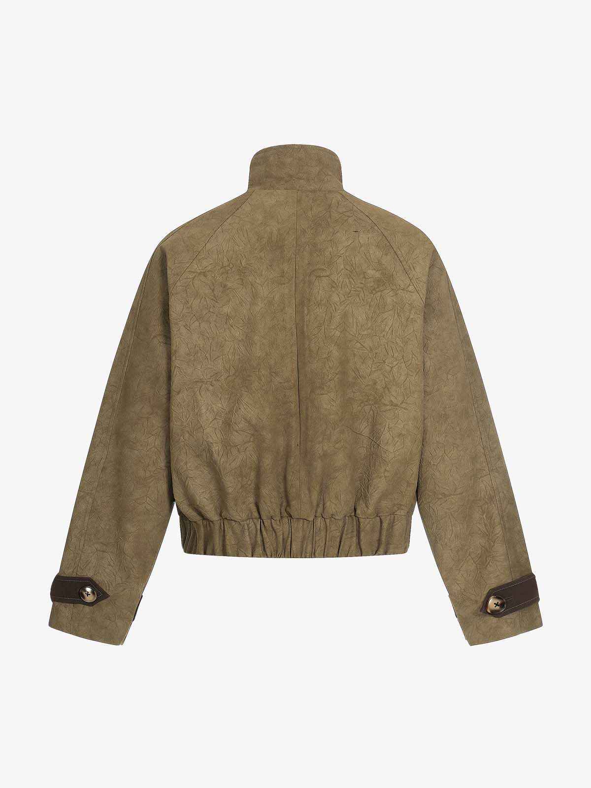 Textured Faux Leather Stand Collar Metal Buckle Jacket