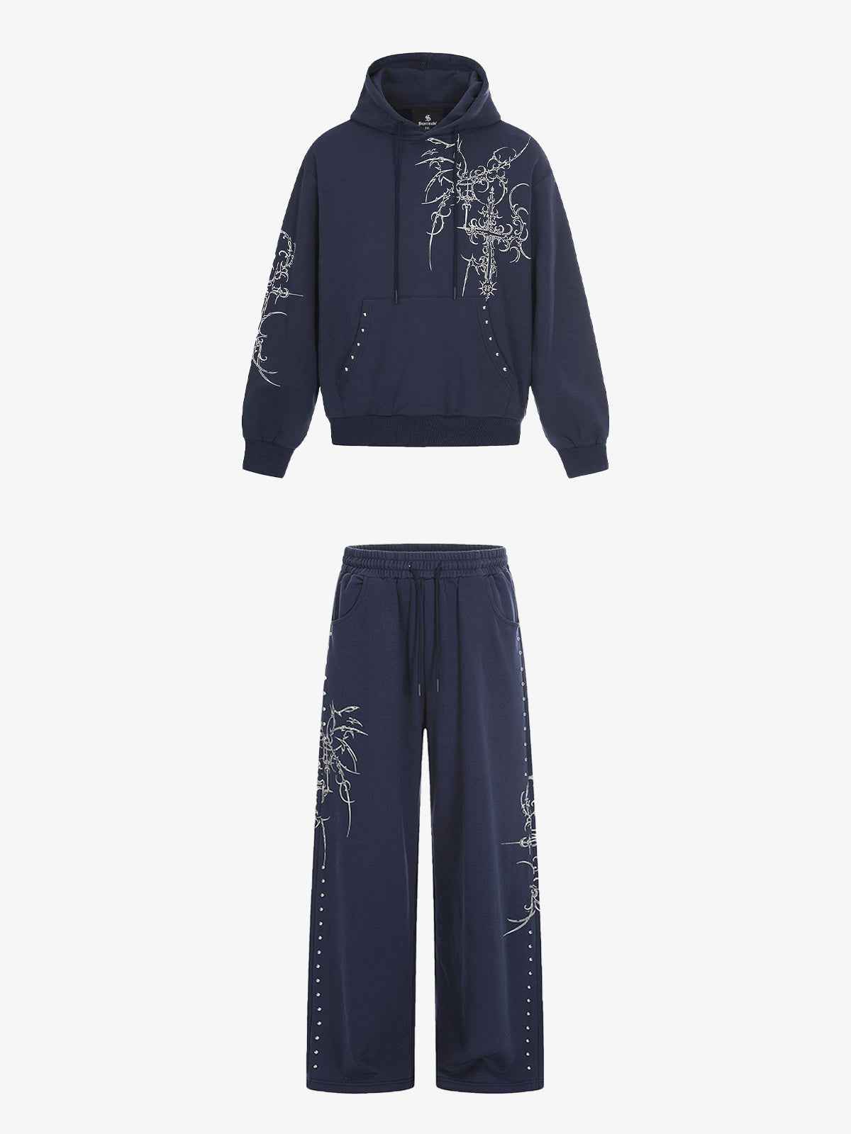 Floral Line Art Studded Pocket Hoodie