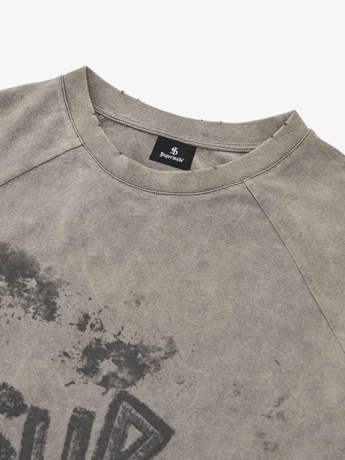 Washed Contrast Color Print Long Sleeve Cotton T-shirt