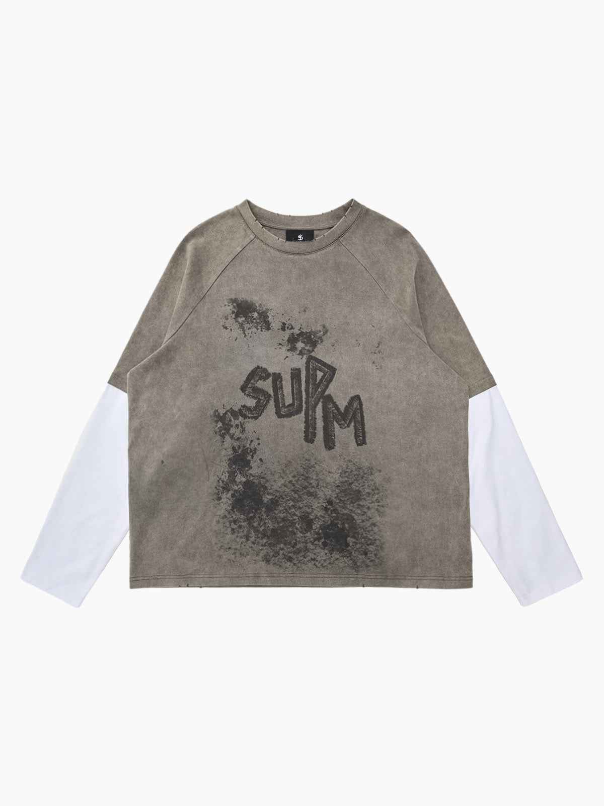 Washed Contrast Color Print Long Sleeve Cotton T-shirt
