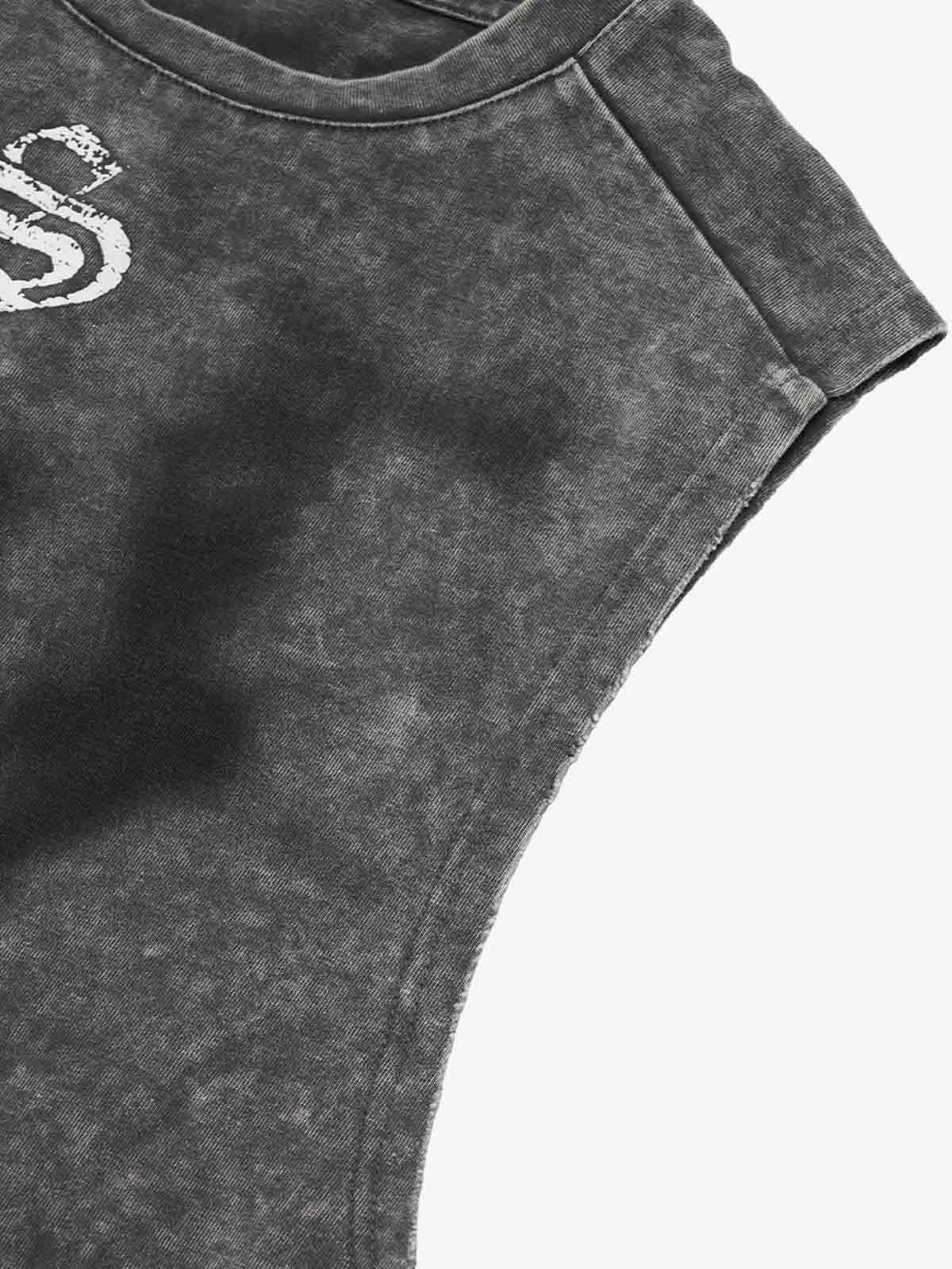 Cross-Print Distressed Washed Vest - Luxuryurbanwear