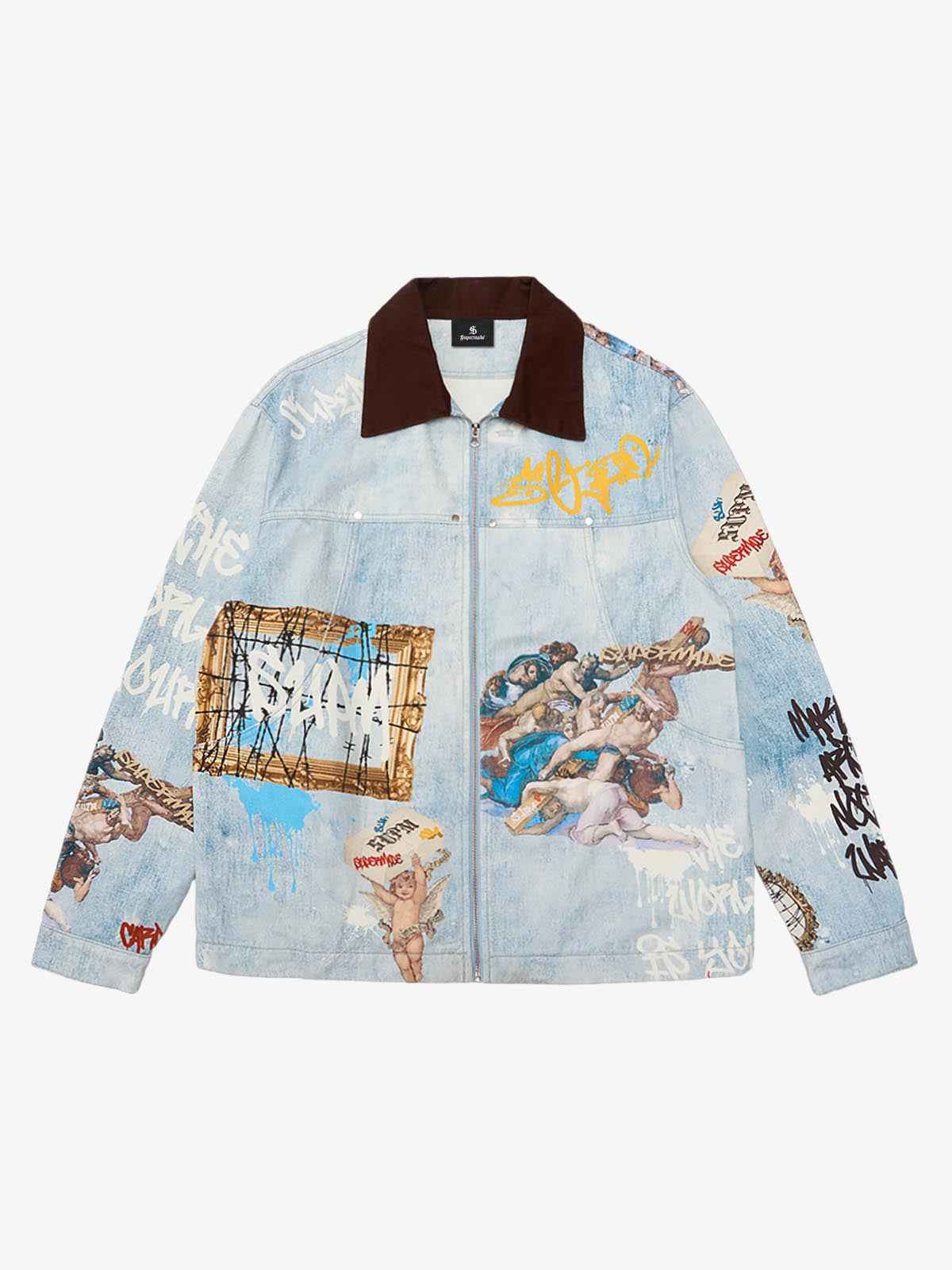 Artistic Patches Graphic Distressed Denim Jacket - 2573