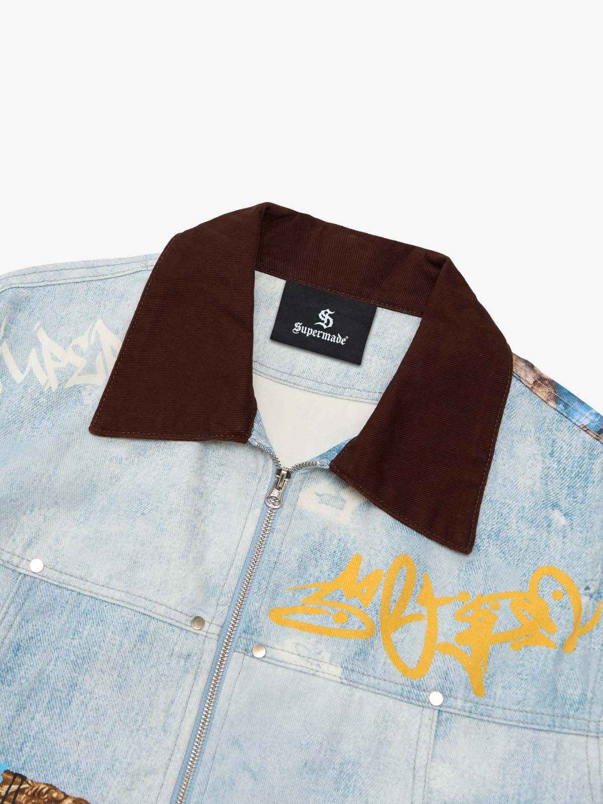 Artistic Patches Graphic Distressed Denim Jacket - 2573