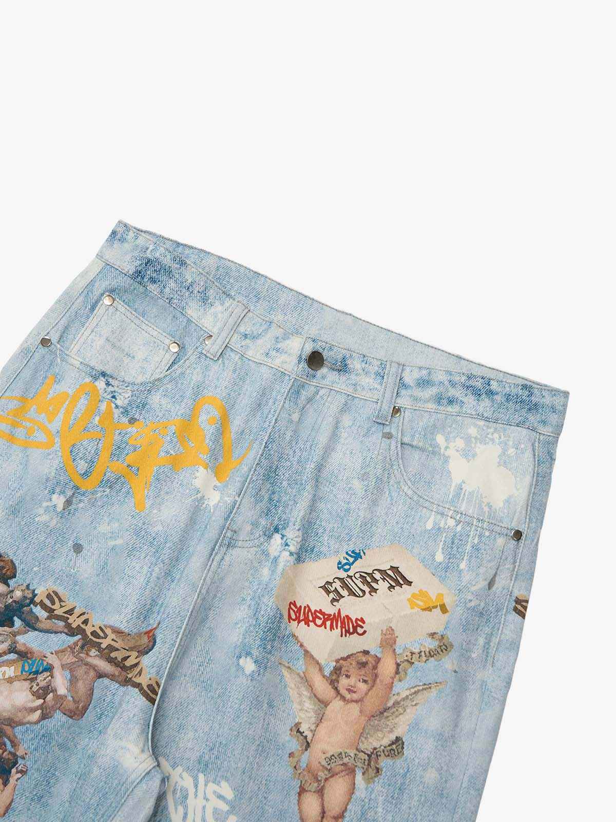 Retro Artistic Graffiti Angelic Prints Baggy Jeans - 2574