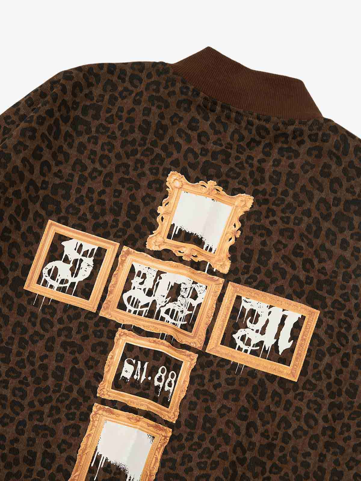 Cross Frame Leopard Print Baseball Jacket - 2572