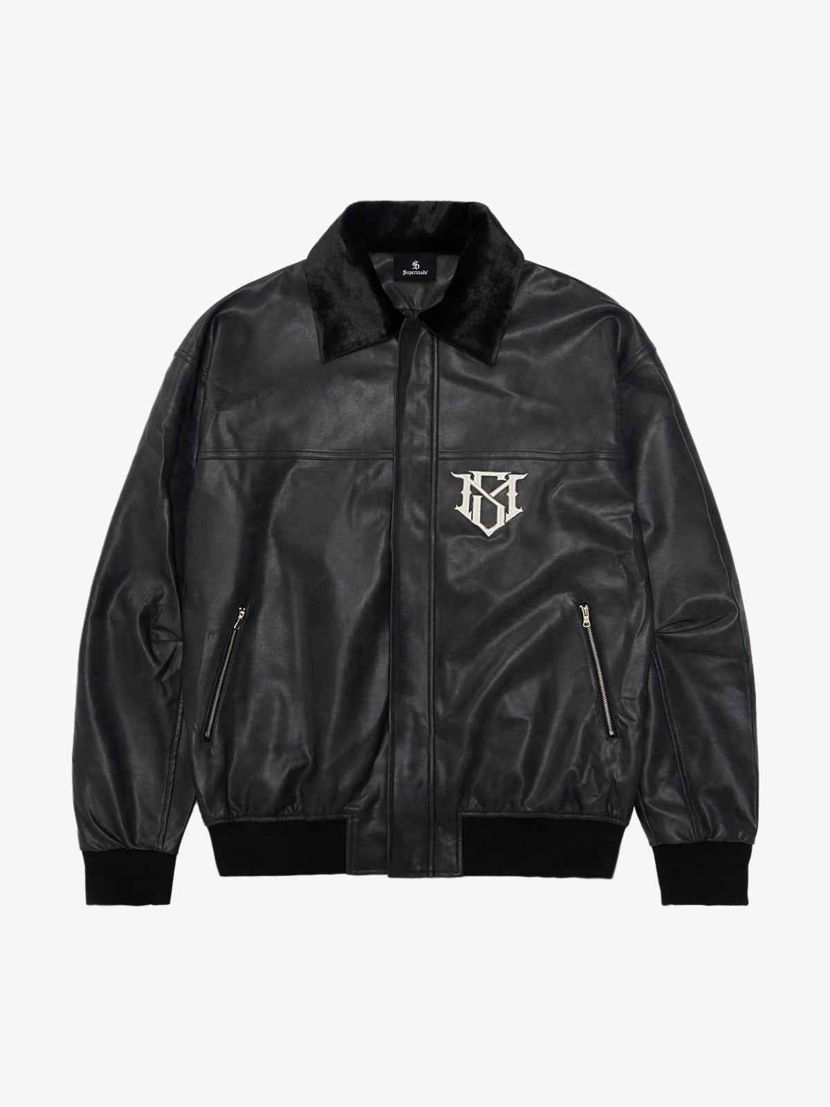 SUPM Fur Collar Rhinestone Pattern Leather Jacket - 2557