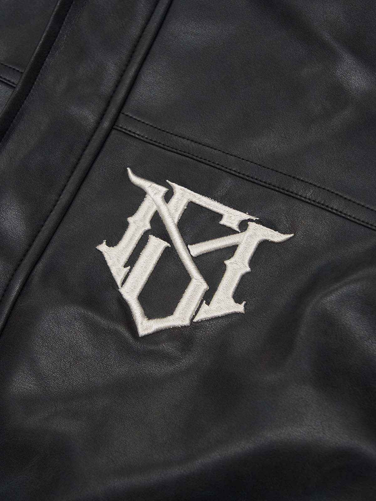 SUPM Fur Collar Rhinestone Pattern Leather Jacket - 2557