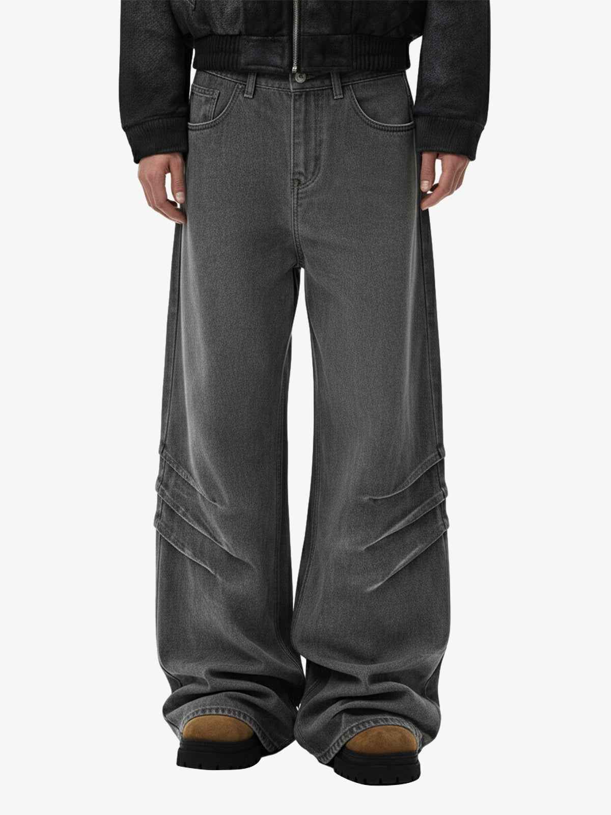 Washed Pleated Baggy Jeans