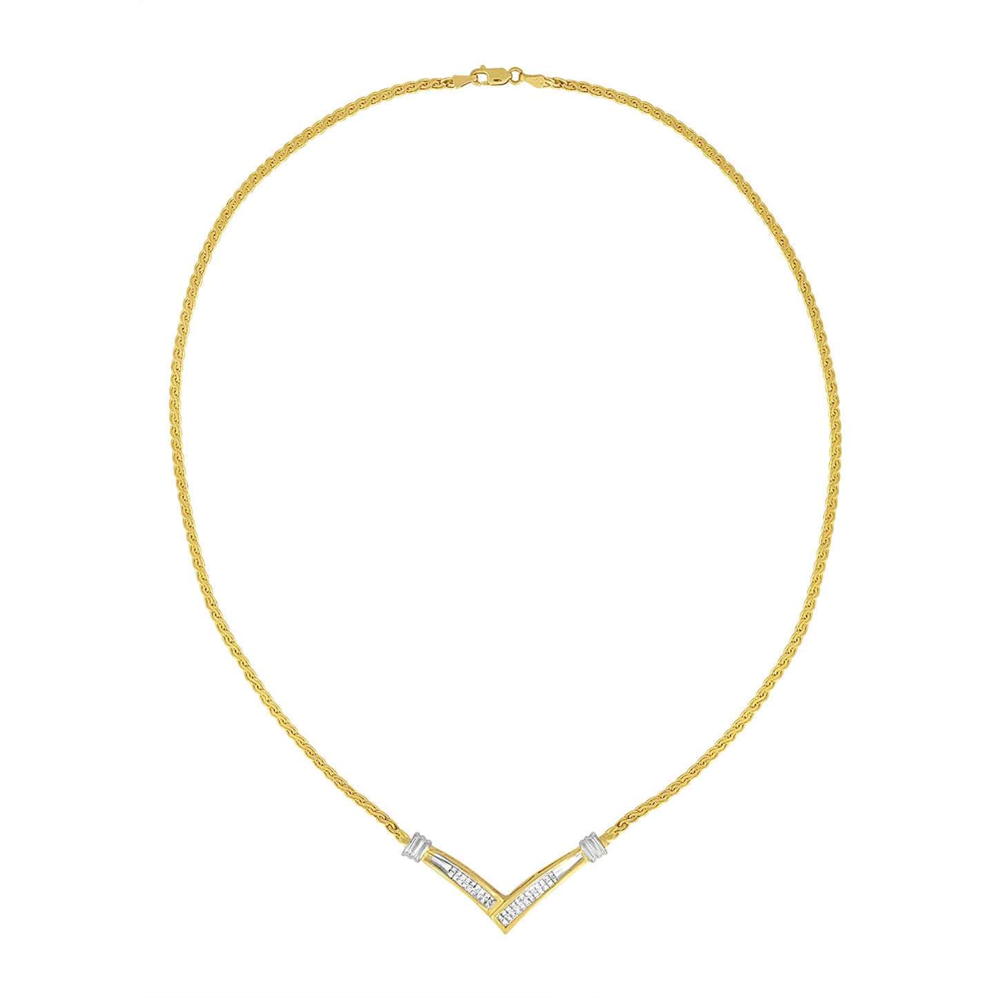 10K Yellow and White Gold 1/2 Cttw Princess Cut Diamond Channel-Set “V†Shape 18" Franco Chain Necklace (H-I Color, SI2-I1 Clarity)