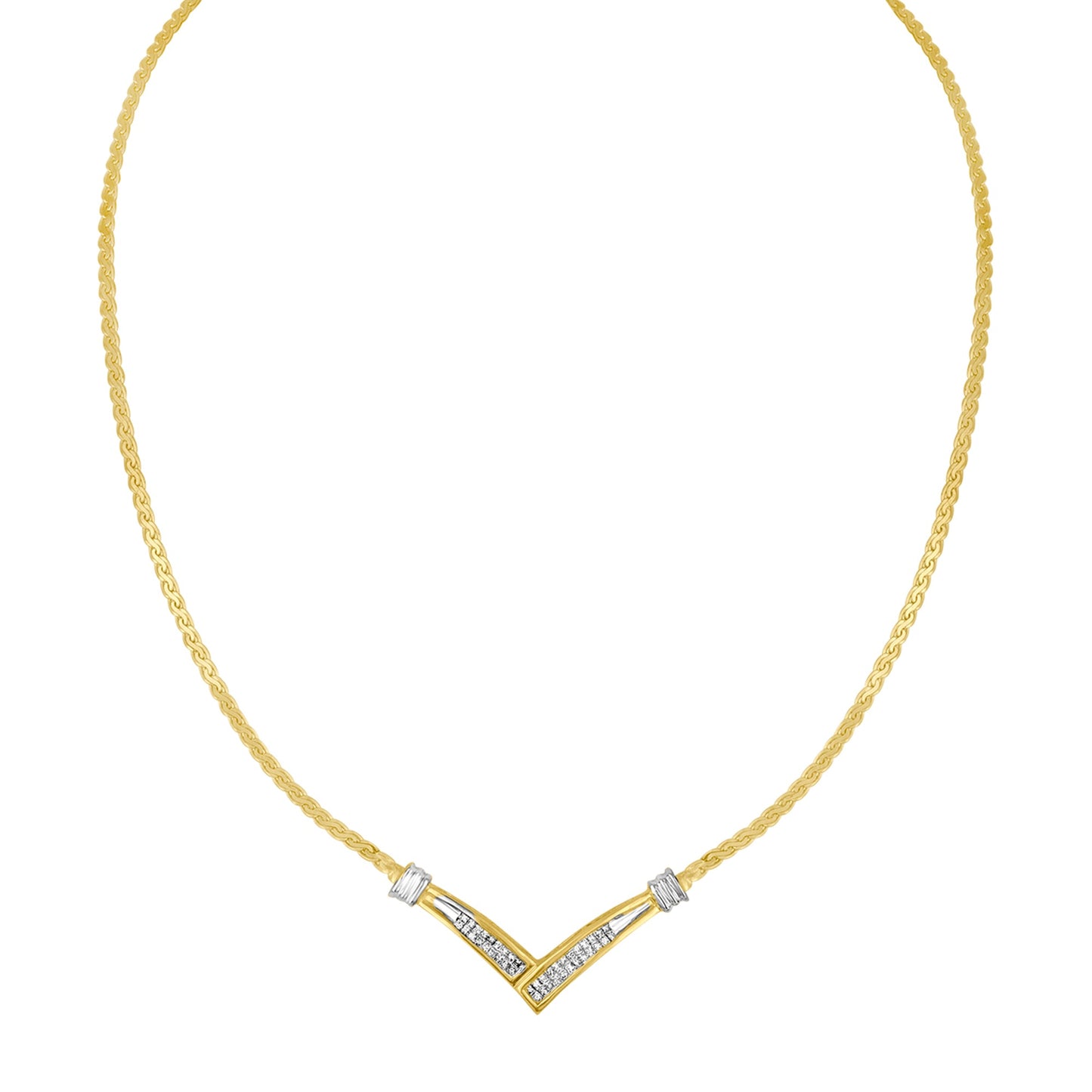 10K Yellow and White Gold 1/2 Cttw Princess Cut Diamond Channel-Set “V†Shape 18" Franco Chain Necklace (H-I Color, SI2-I1 Clarity)