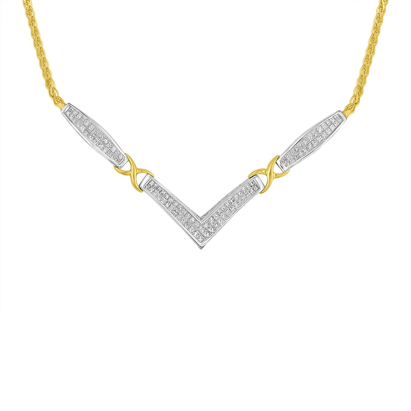 14K Yellow and White Gold 2.0 Cttw Princess Cut Diamond Flared and X-Station V Shaped 18†Franco Chain Statement Necklace (H-I Color, SI2-I1 Clarity)