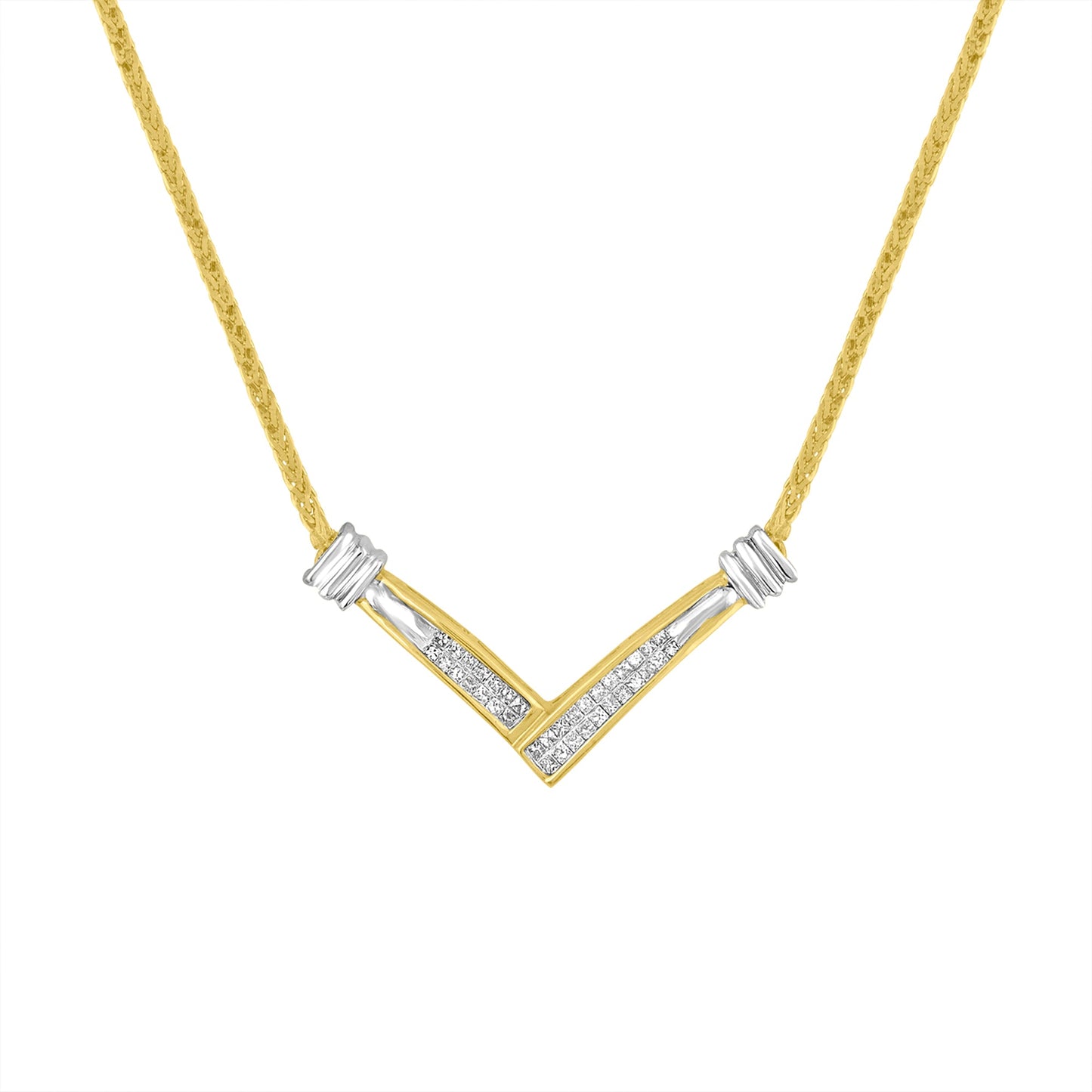 14K Yellow and White Gold 1/4 Cttw Princess Cut Diamond Channel-Set “V†Shape 18" Pendant Necklace (H-I Color, SI2-I1 Clarity)