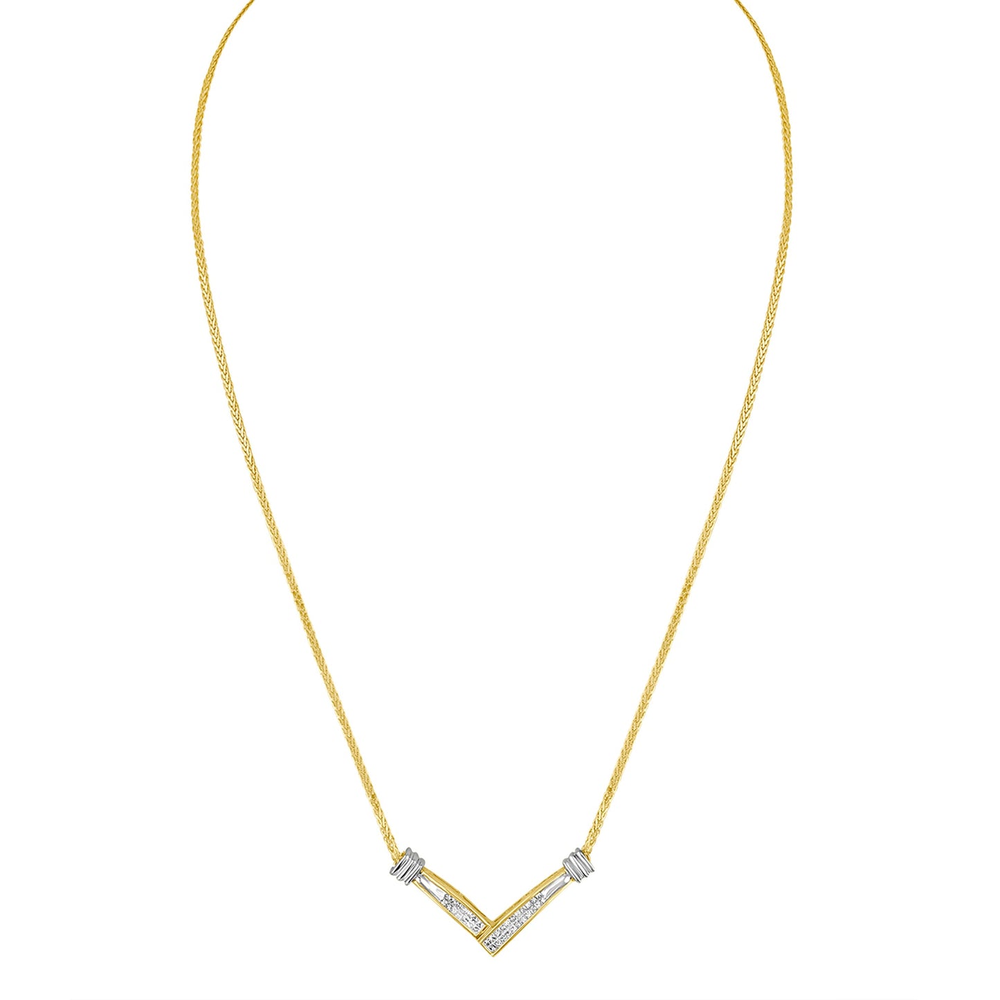 14K Yellow and White Gold 1/4 Cttw Princess Cut Diamond Channel-Set “V†Shape 18" Pendant Necklace (H-I Color, SI2-I1 Clarity)