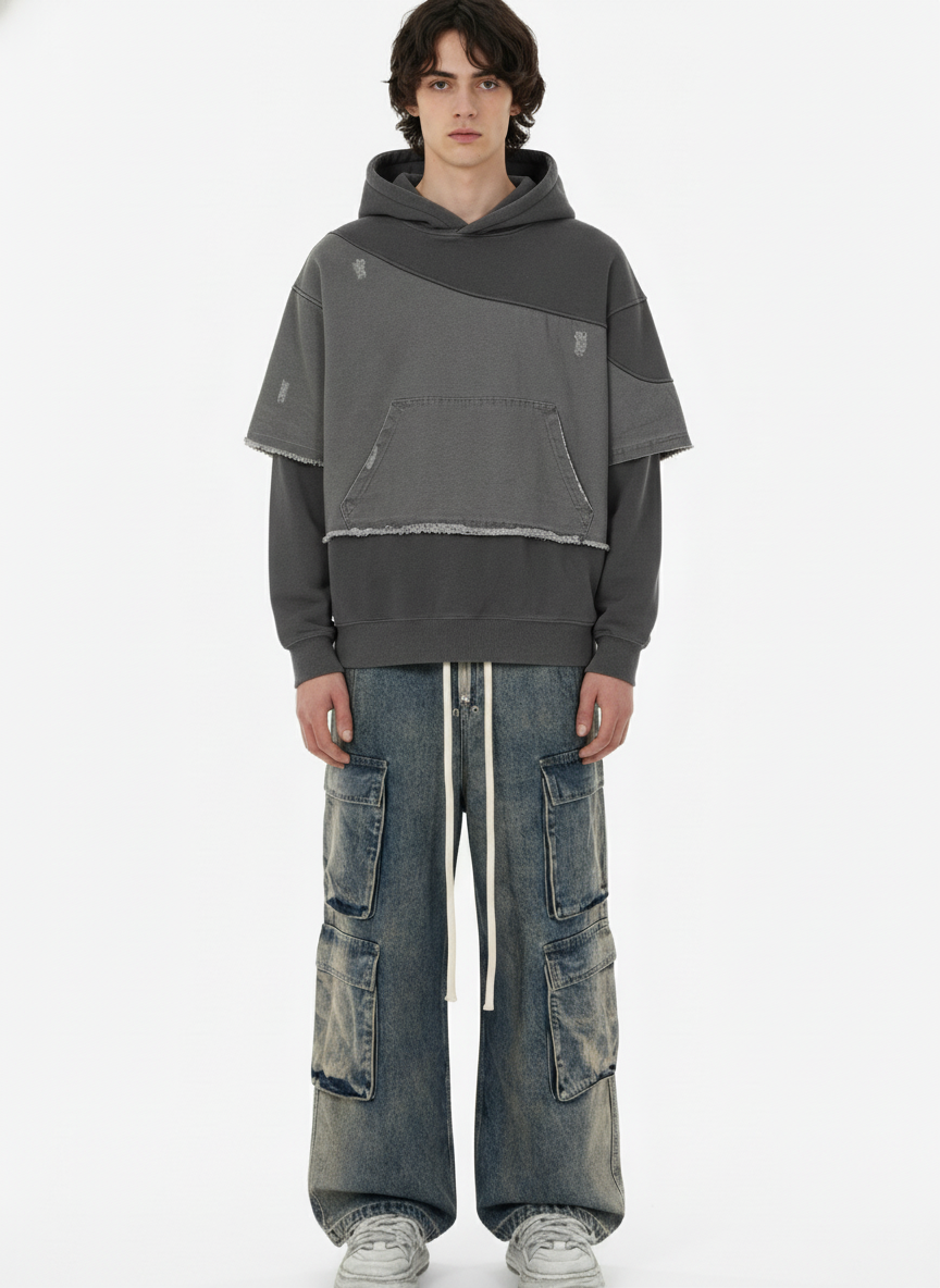 Distressed Patchwork Raw-Edge Layered-Hem Fleece Hoodie - Luxuryurbanwear