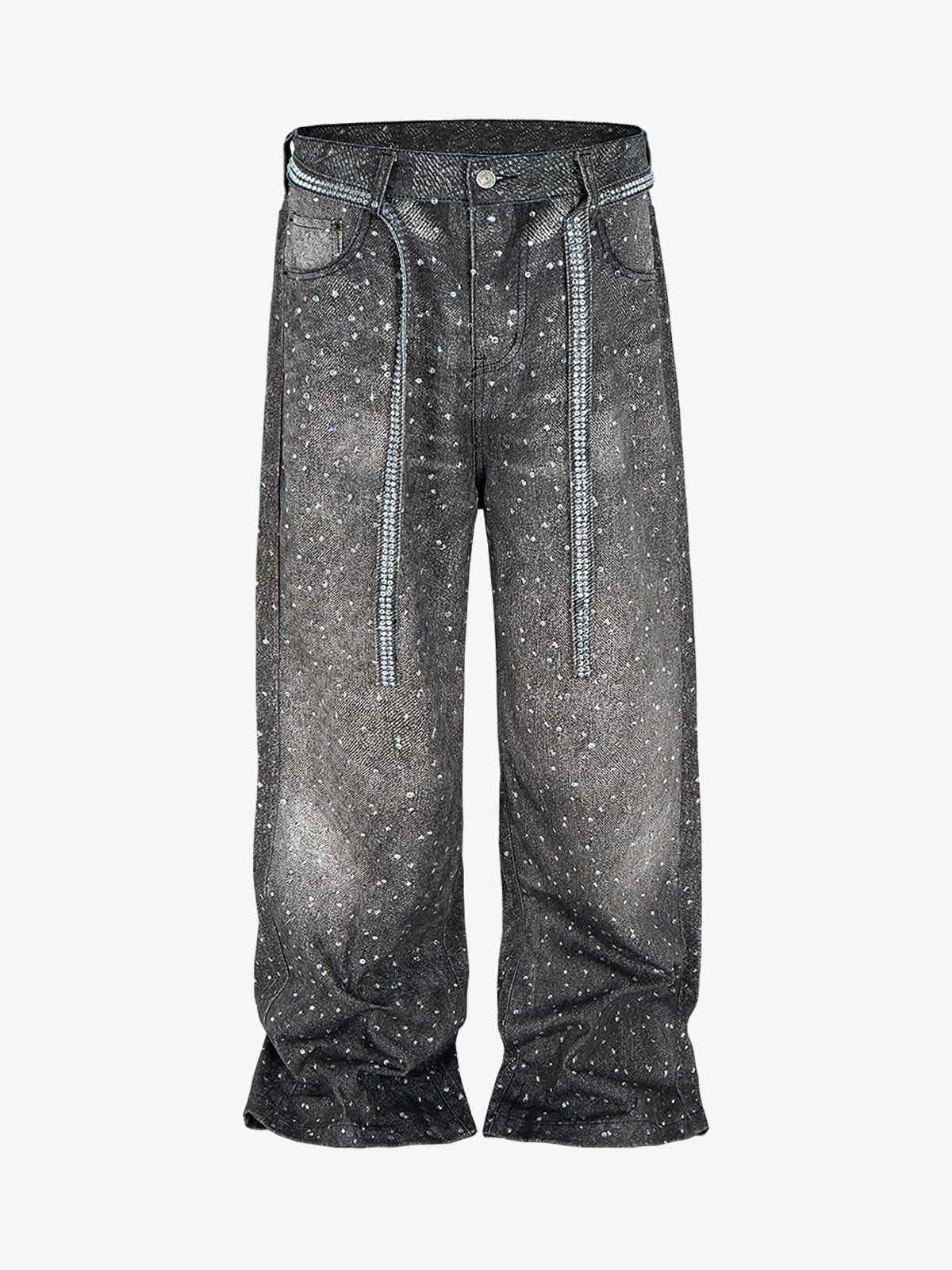 Denim Distressed Belt Diamond Decorated Jeans