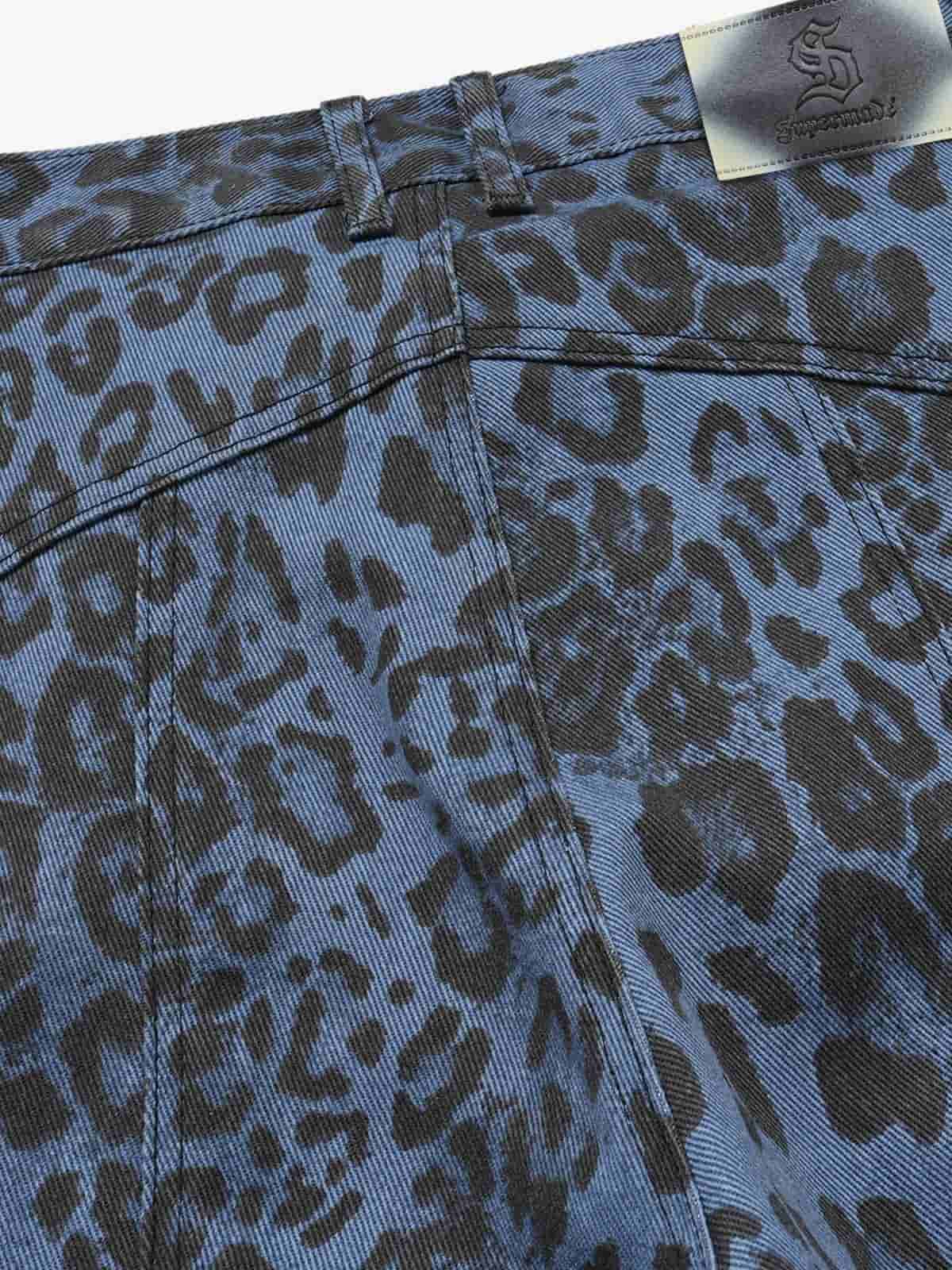 Retro Leopard Print Blue Washed Distressed Jeans - Luxuryurbanwear
