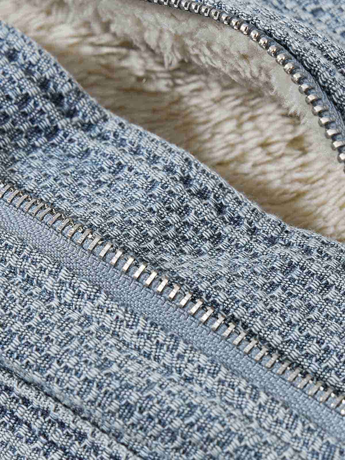 Washed Embroidered Fur-Lined Denim Bomber Jacket