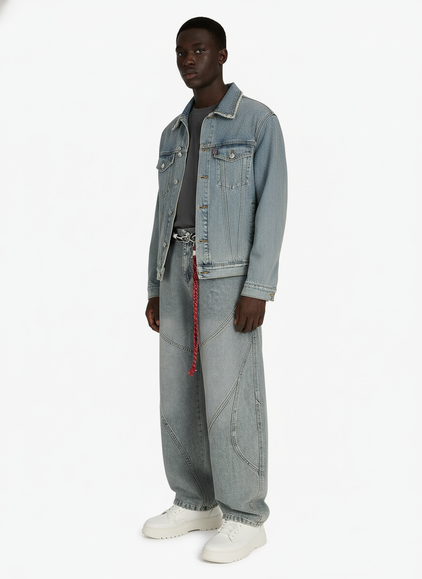 Denim Retro Belt Detail With Patchwork Barrel Jeans - 2490 - Luxuryurbanwear
