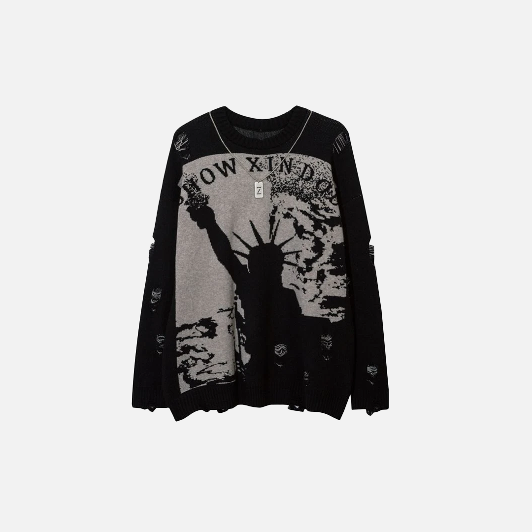 Gothic Streetwear Ripped Liberty Grunge Knit Sweater - Luxuryurbanwear
