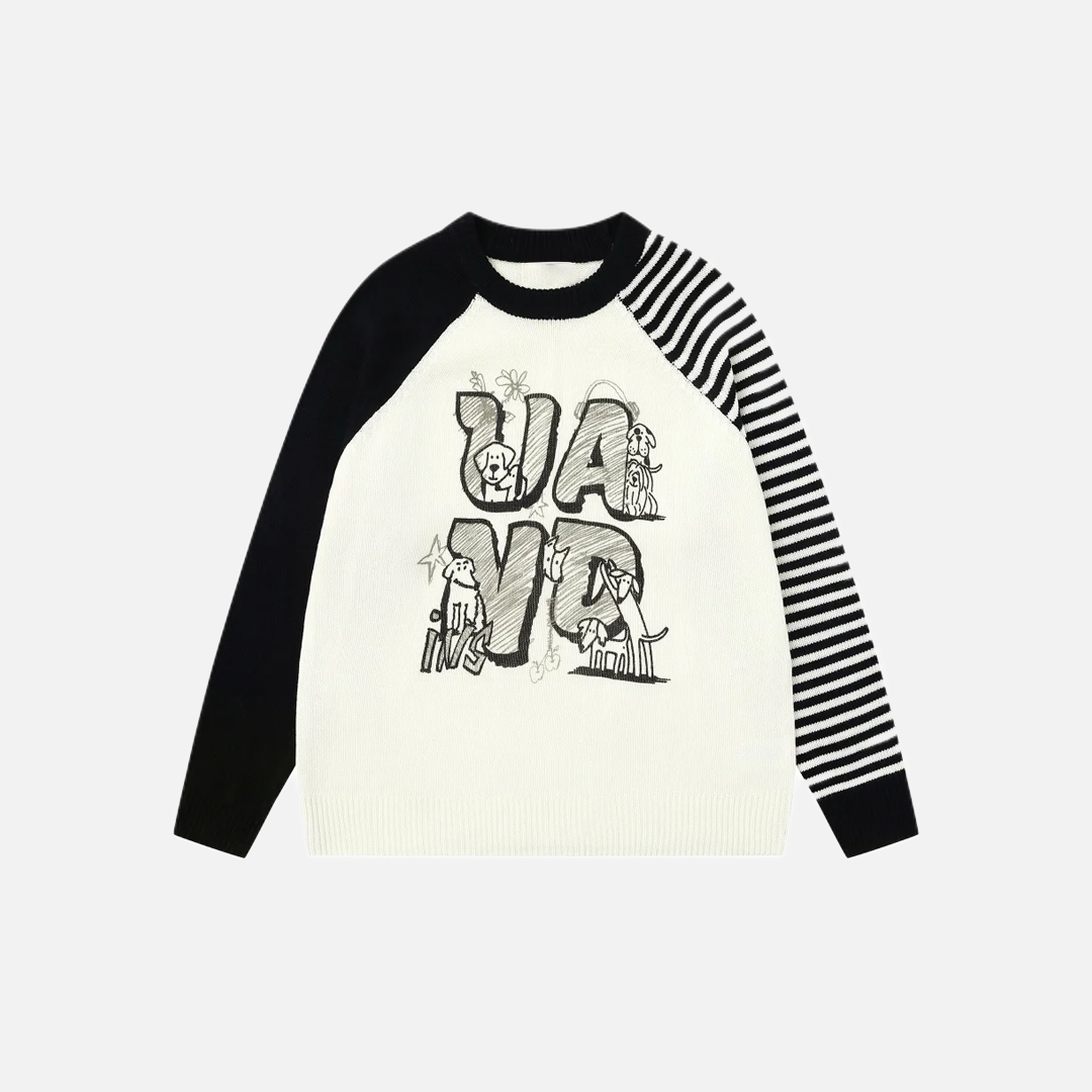 Retro Puppy O-Neck Collar Print Knitted Sweater - Luxuryurbanwear