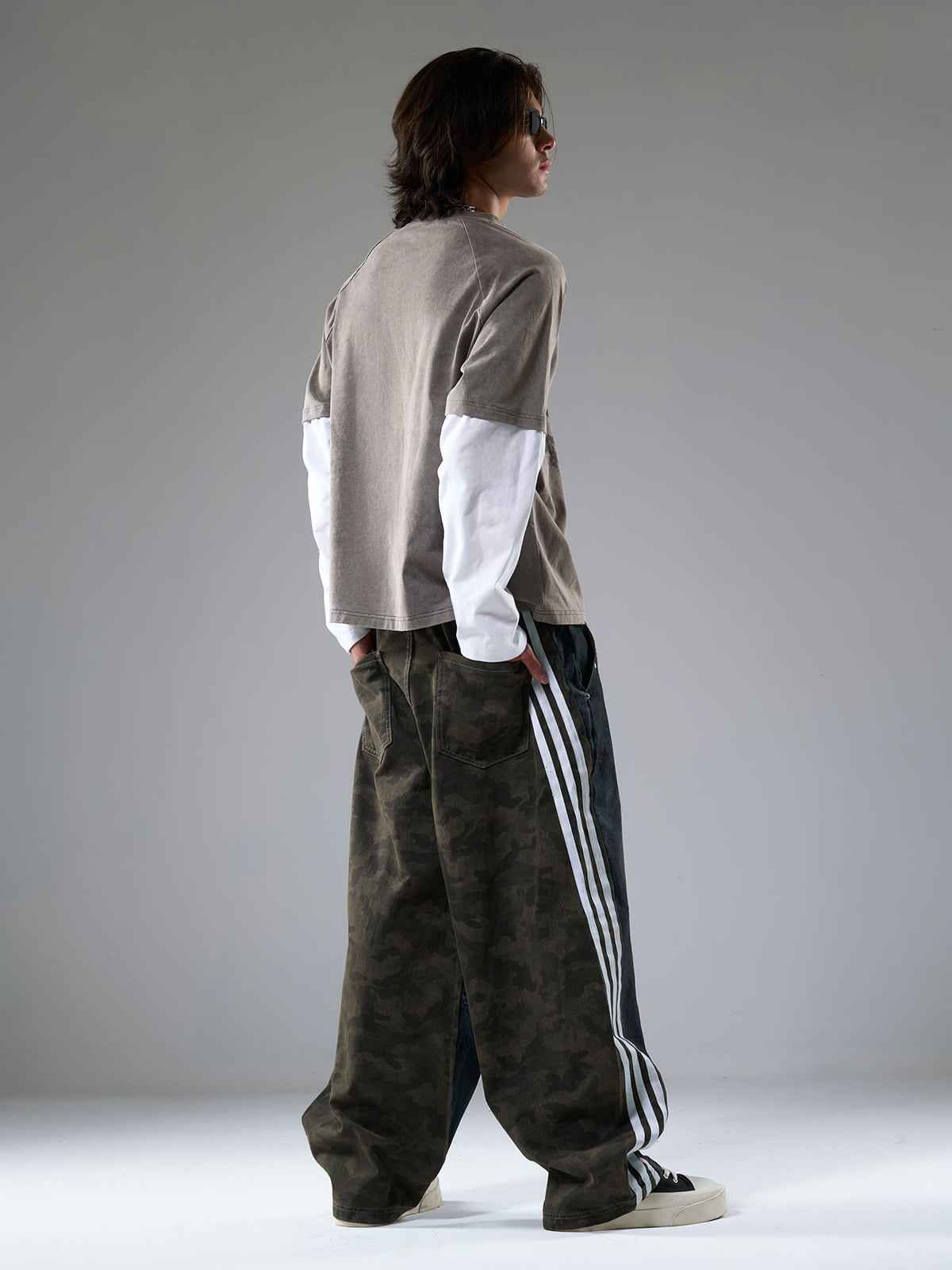 Washed Stripe Patchwork Totem Print Baggy Jeans