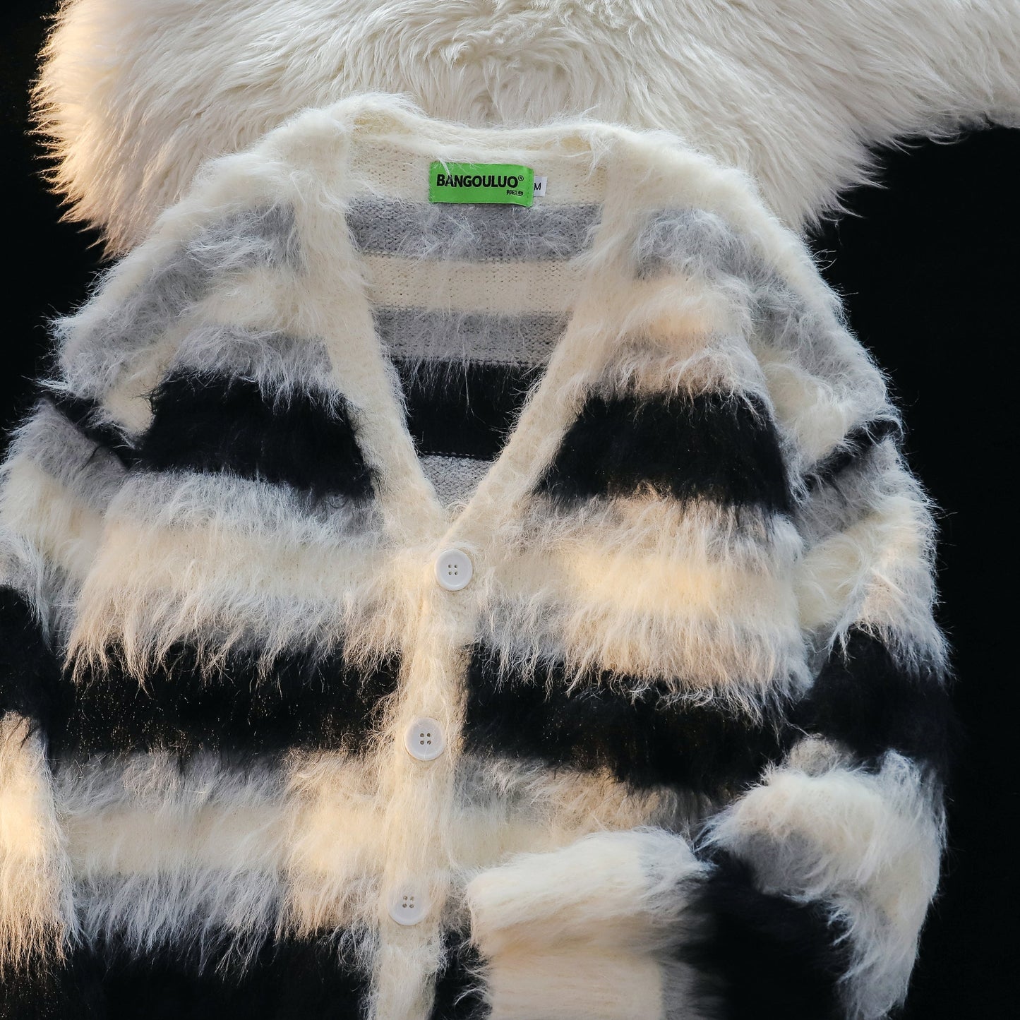 Furry Line | Striped Button-Up Fluffy Cardigan - Luxuryurbanwear
