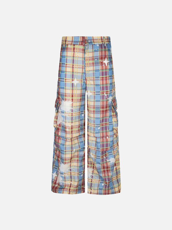 Y2K Trendy Vibe Design Painted Plaid Wide-Leg Cargo Pants - Luxuryurbanwear
