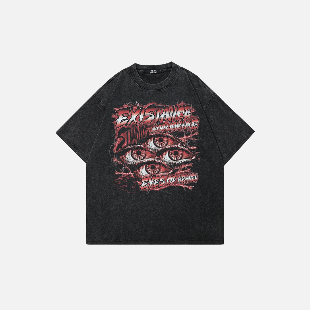 Y2K Streetwear Washed Black Graphic Eyes T-Shirt - Luxuryurbanwear