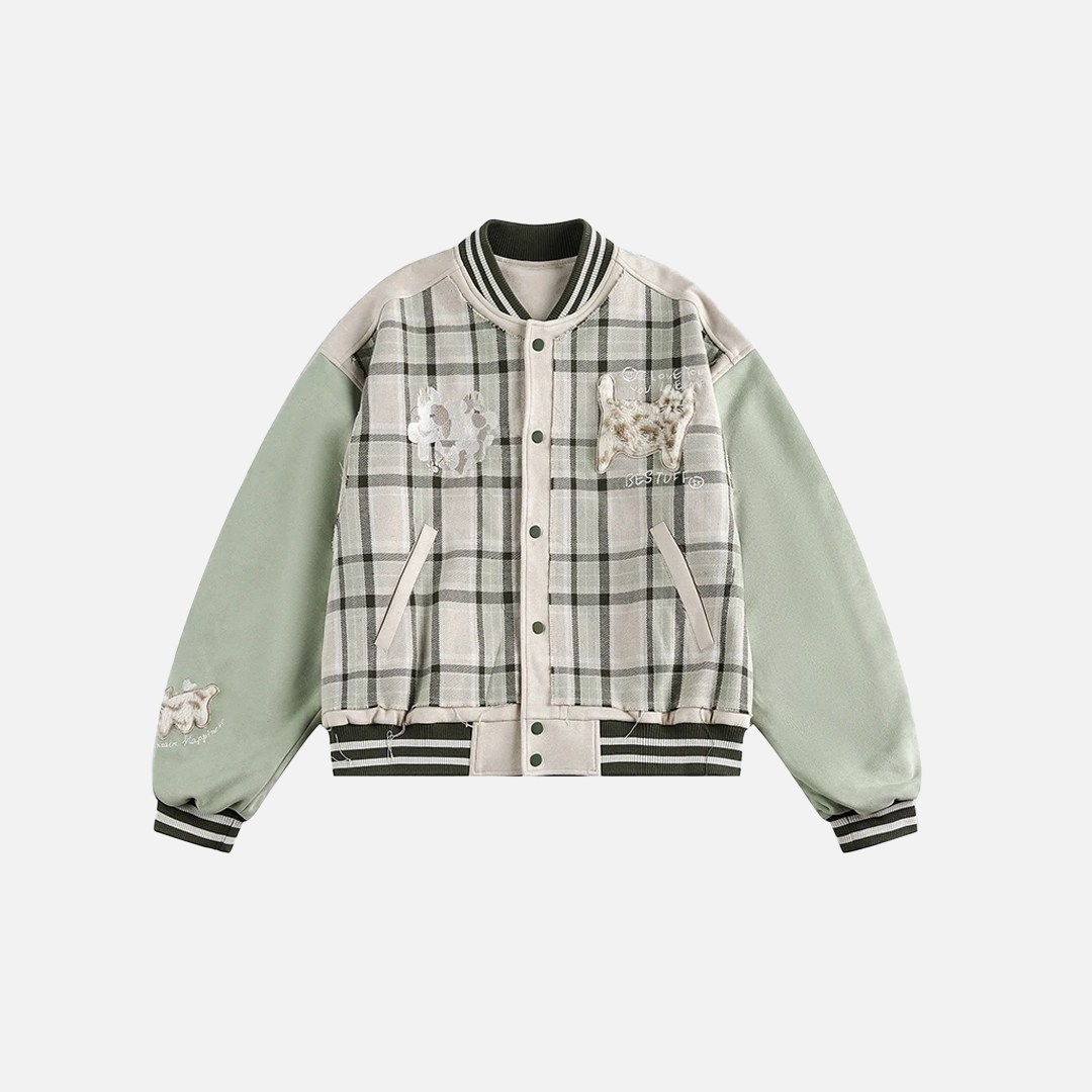 Trendy Embroidered Patchwork Plaid Varsity Jacket - Luxuryurbanwear