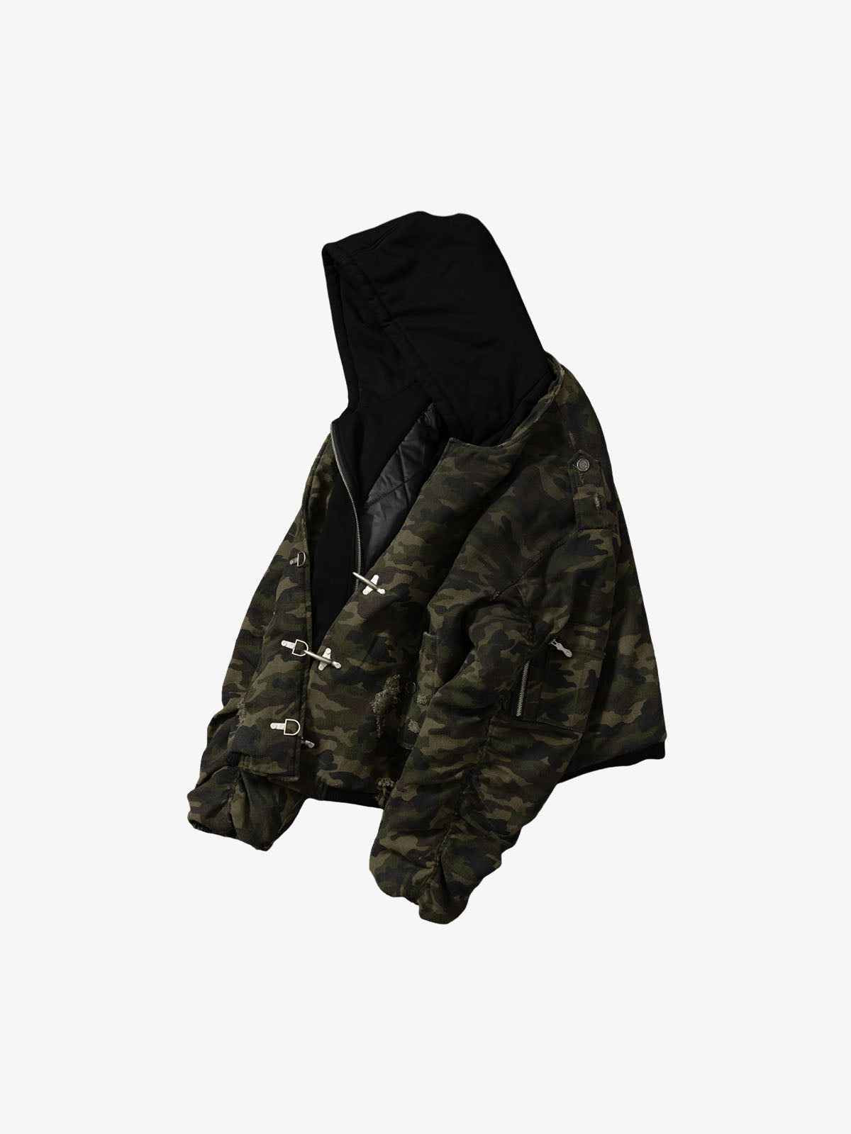 Retro Camouflage Faux Layered Metal Buckle Padded Jacket