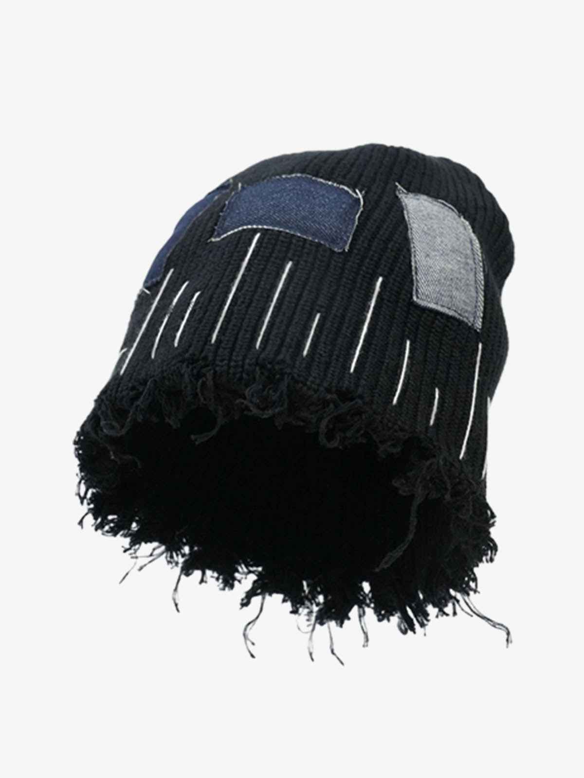 Distressed Denim Patchwork Beanie