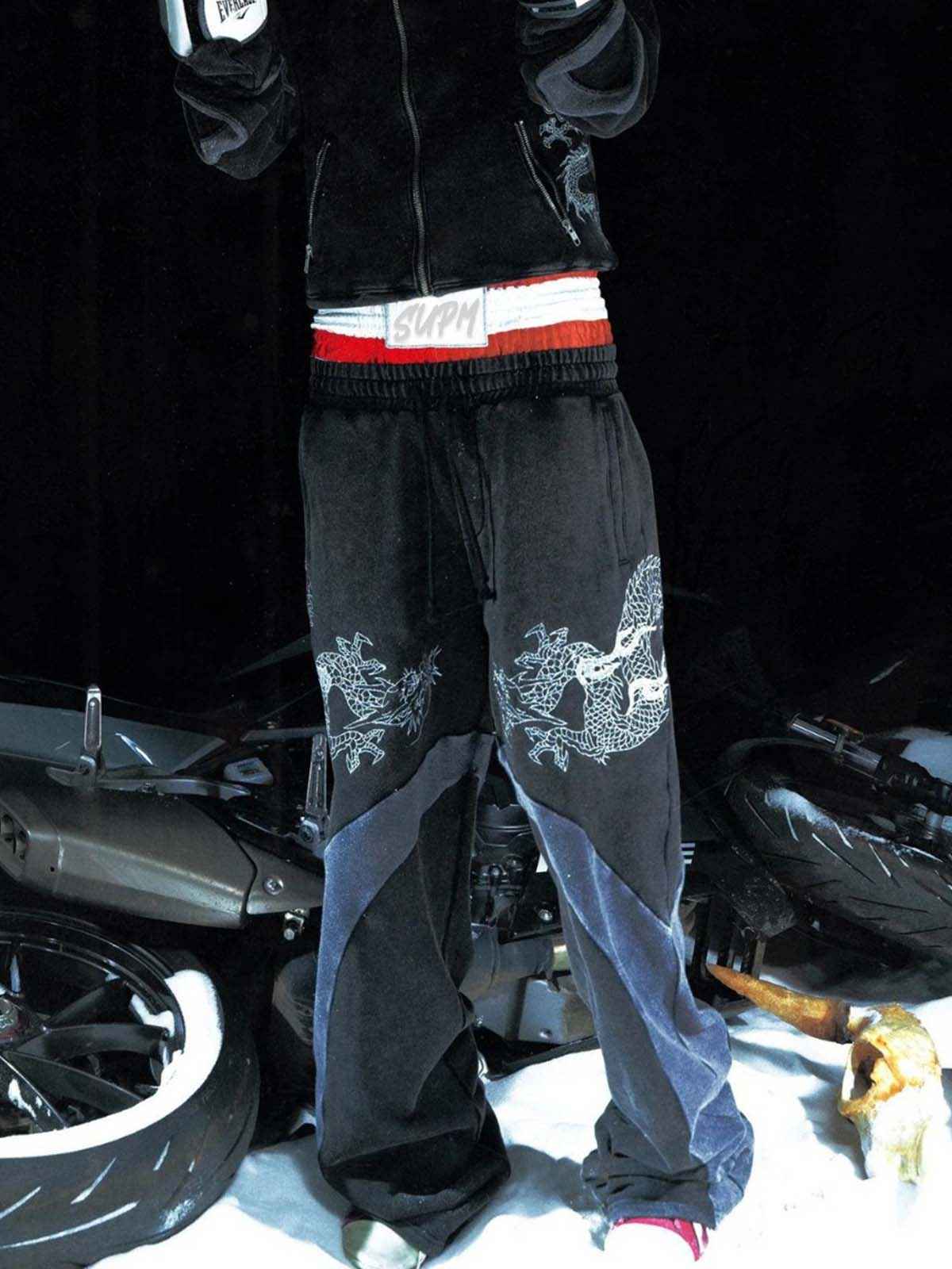 Washed Dragon Embroidered Panel Sweatpants