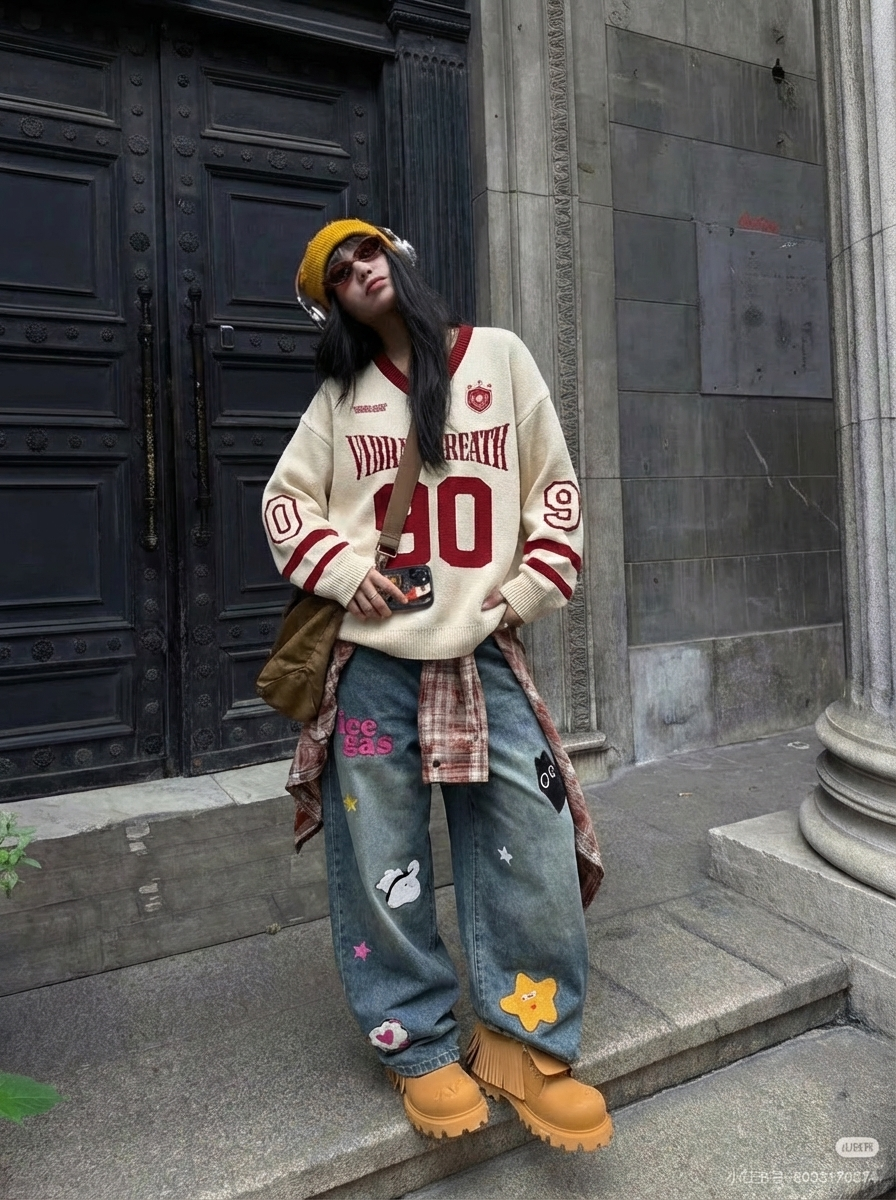 Cartoon Embroidered Vintage Washed Denim Jeans - Luxuryurbanwear