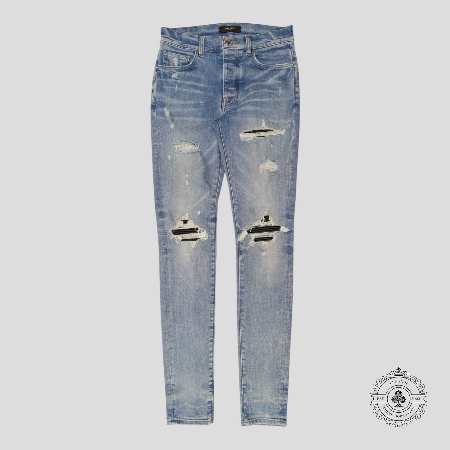 Amiri MX1 Leather Patch Jeans in Light Indigo