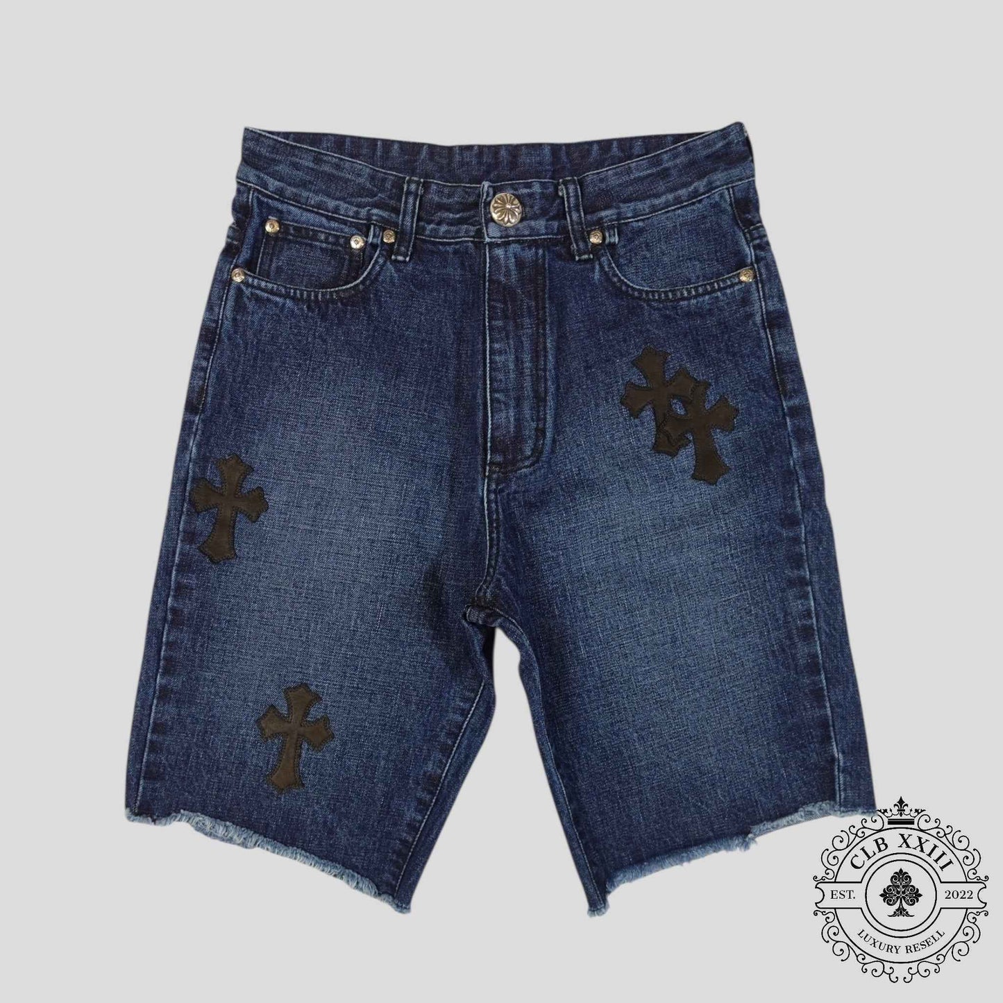 Chrome Hearts Cross Patch Denim Shorts in Dark Wash
