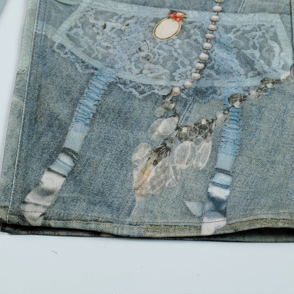 LUW 3D Digital Printed Chain Wide Leg Jeans