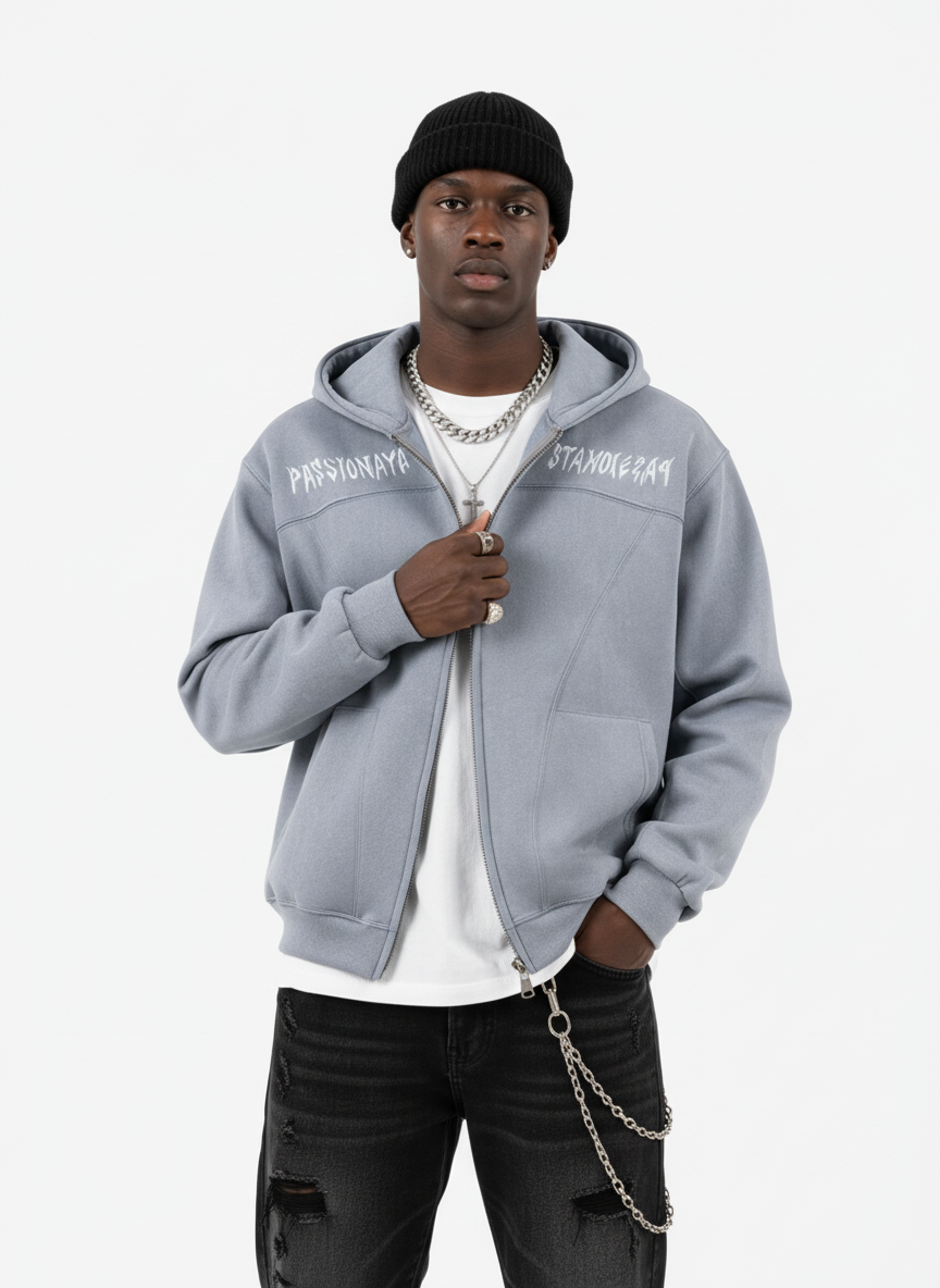 Vintage Suede Letter Embroidered Cropped Zip Up Hoodie - Luxuryurbanwear