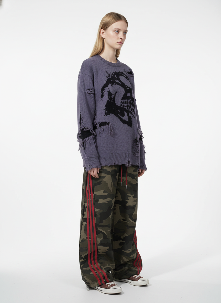 Hip-Hop Dark Skull Frayed-Edge Knit Sweater - Luxuryurbanwear
