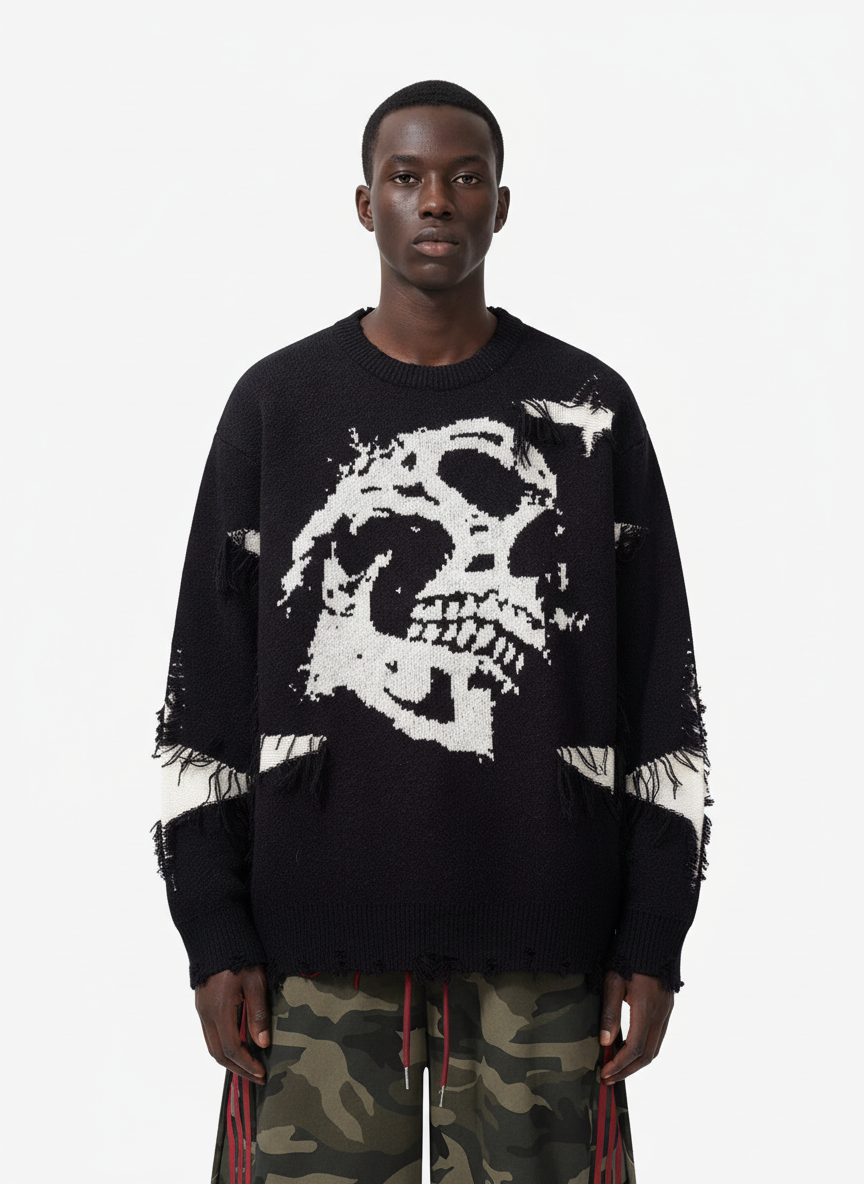 Hip-Hop Dark Skull Frayed-Edge Knit Sweater - Luxuryurbanwear