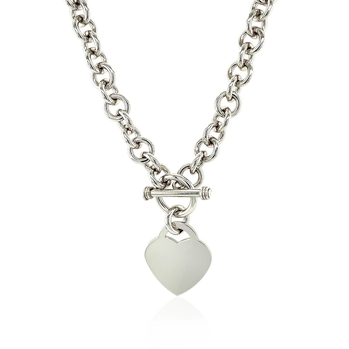 Sterling Silver Rolo Chain with a Heart Toggle Charm and Rhodium Plating