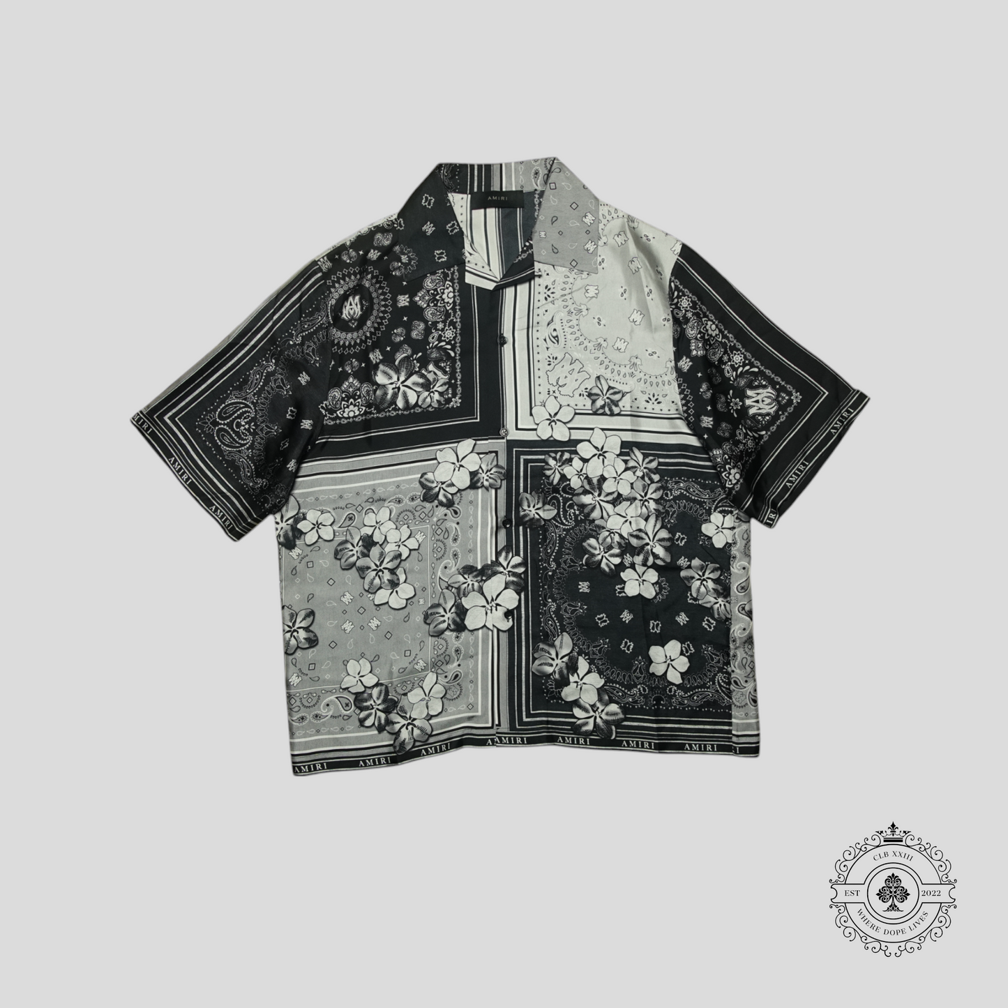 Amiri Bandana Floral Silk Button Up Bowling Shirt in Black/White