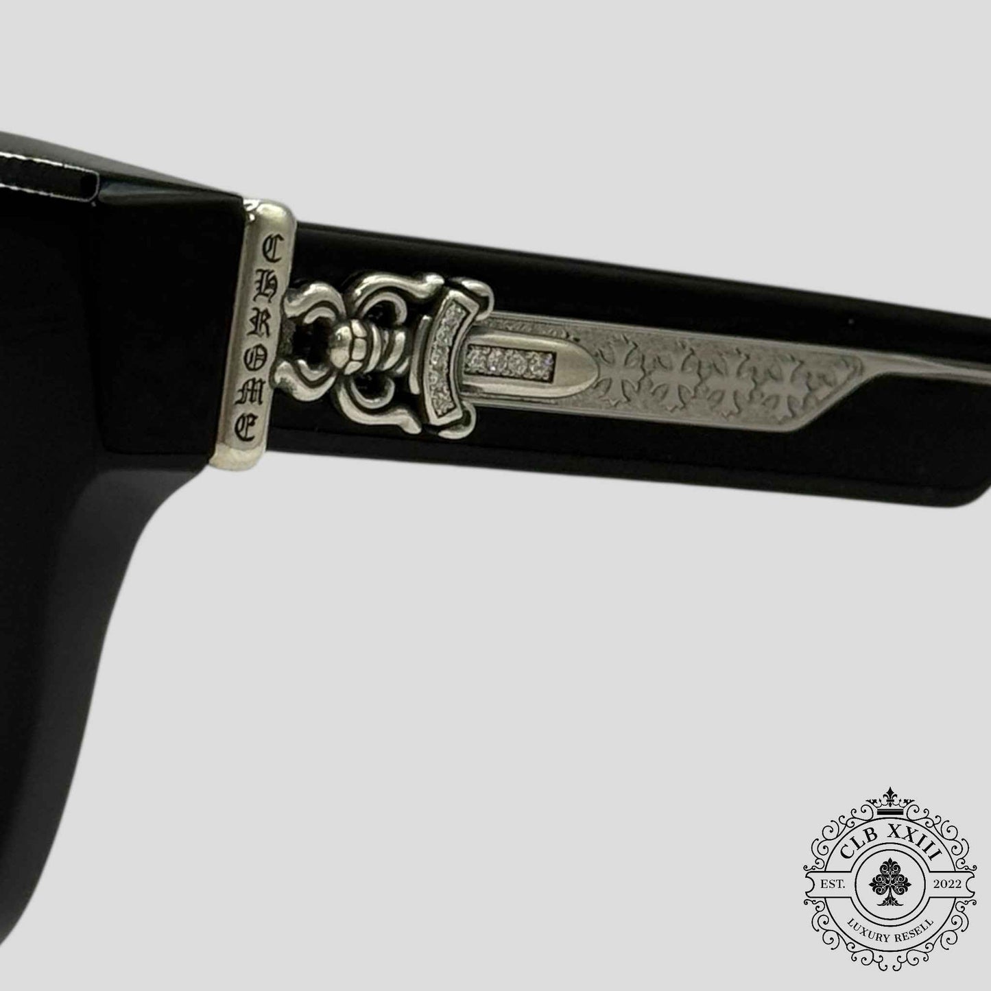Chrome Hearts Diamond Embellished Box Officer Sunglasses in Black/Silver