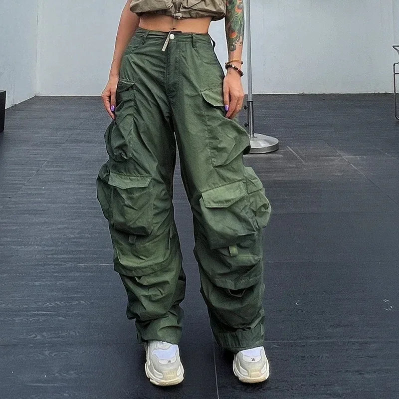 Solid Loose Pants For Women High Waist Patchwork Pockets Casual Streetwear Cargo Pant Female Fashion Clothing - Luxuryurbanwear