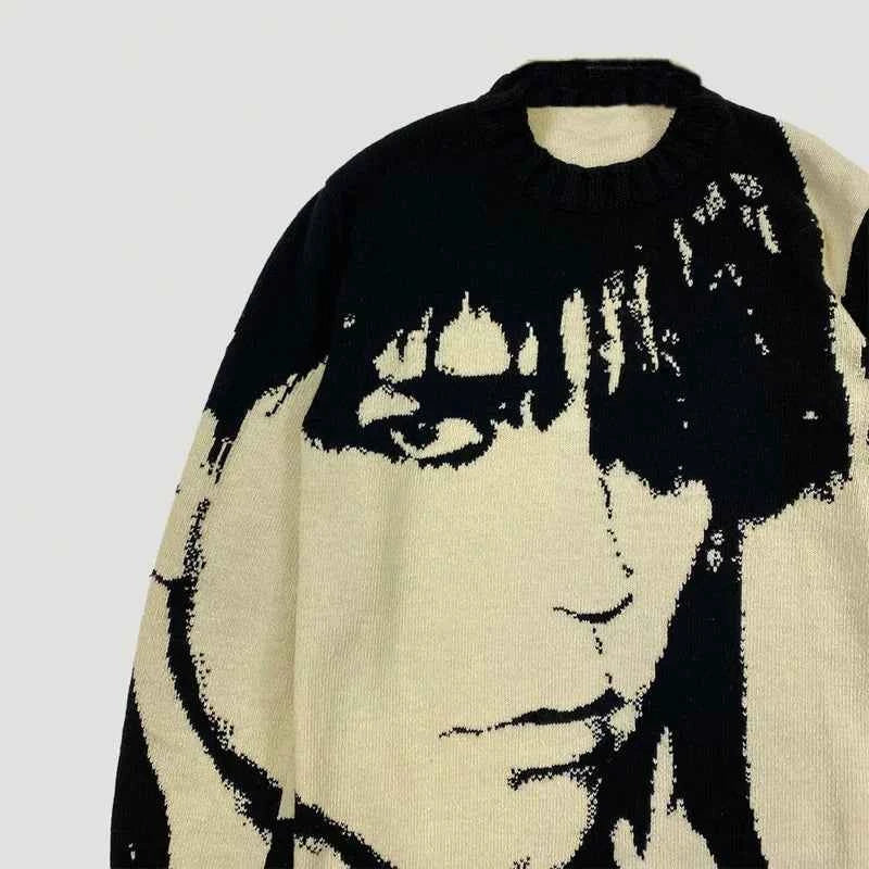 Streetwear Japanese Knitting Portrait Print Sweater