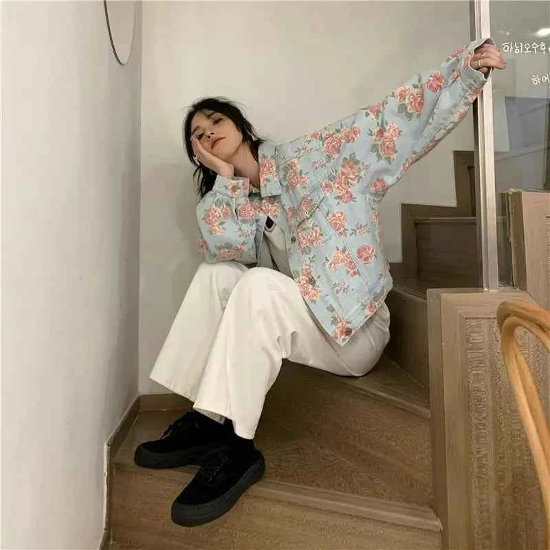 Women Versatile Sweet Floral Denim Jacket
