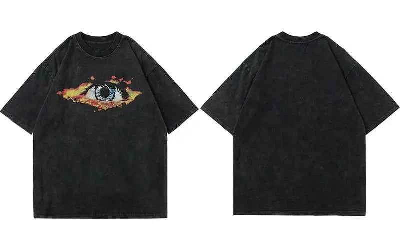 Flame Eye Graphic Print Black Washed T-Shirt