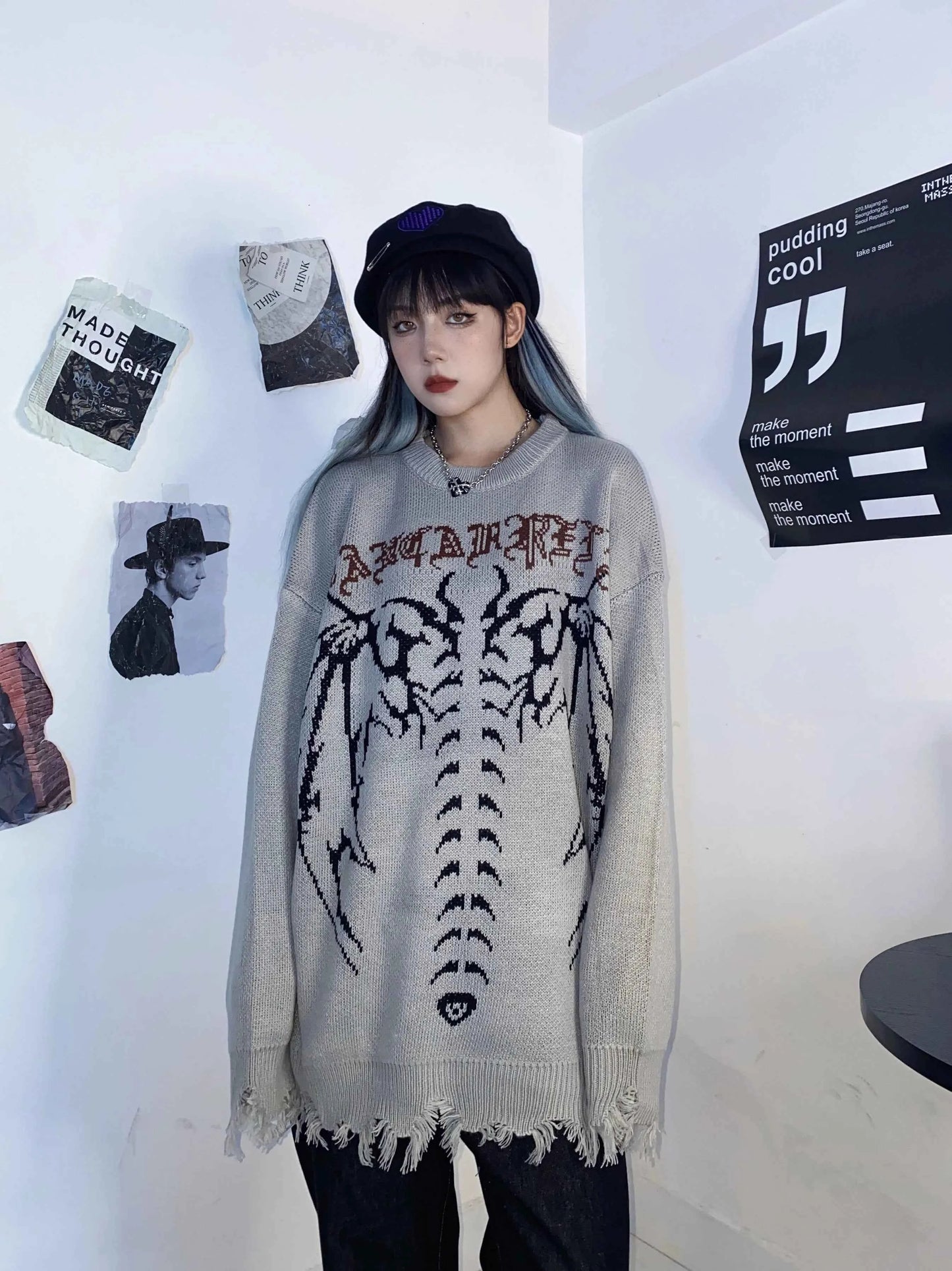 Gothic Letter Bat Skeleton Print Sweater