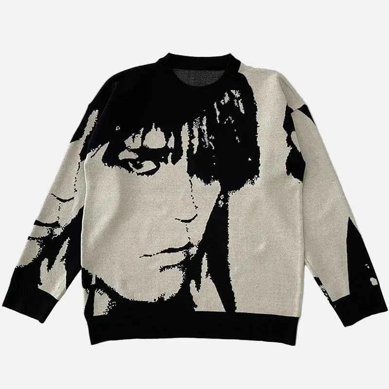 Streetwear Japanese Knitting Portrait Print Sweater